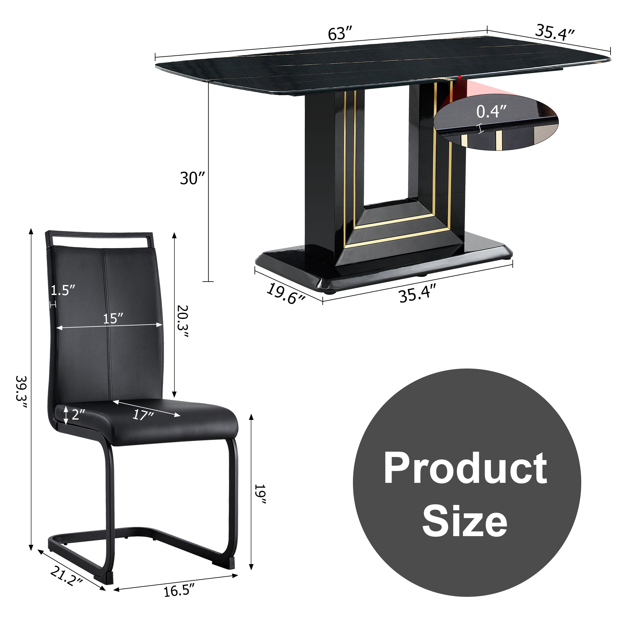 A table and four chairs. The table features a black imitation marble pattern tabletop and black gold MDF legs. The chair has a black PU backrest cushion and black metal legs. F-SQ  C-1162