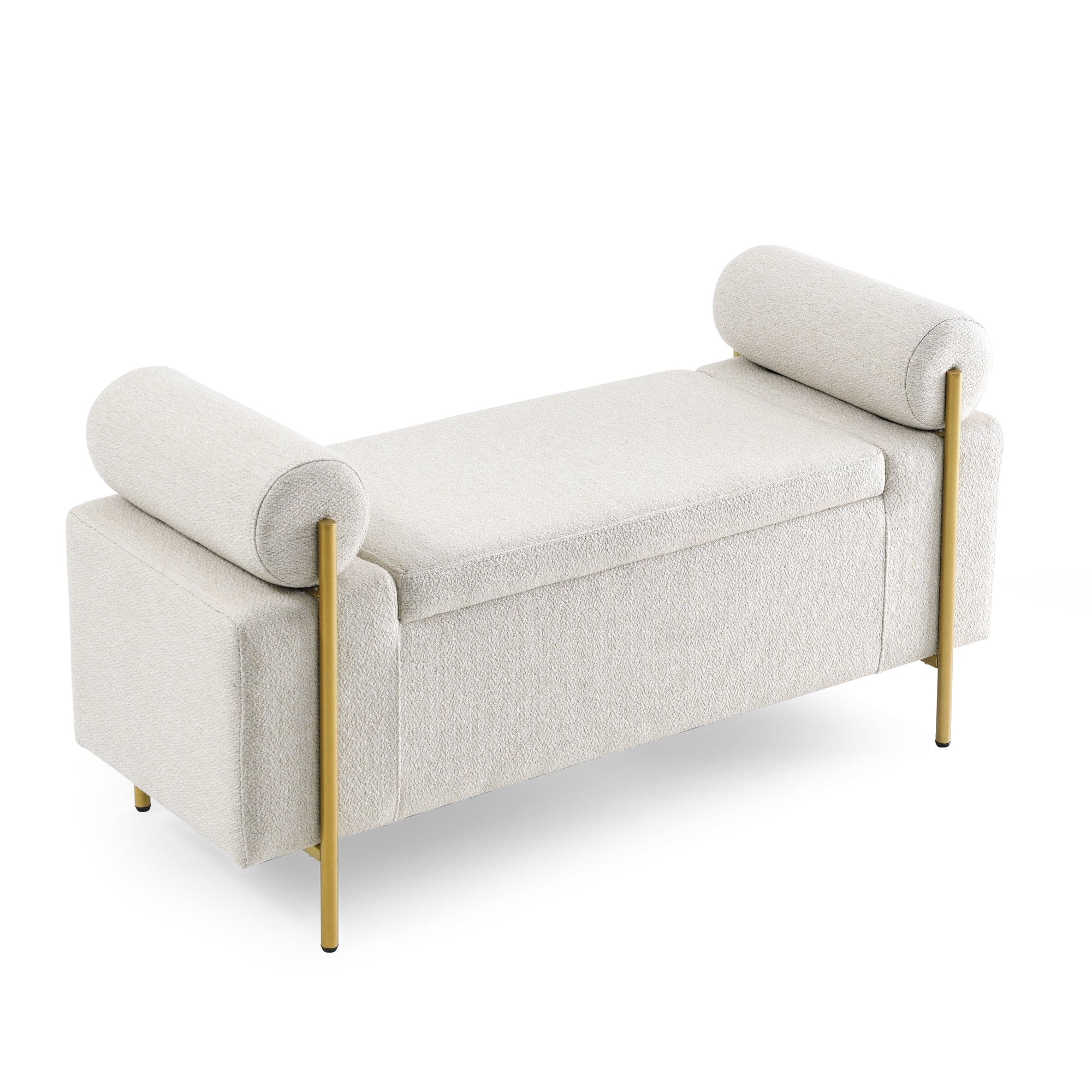 Elegant Upholstered Linen Storage Bench with Cylindrical Arms and Iron Legs for Hallway Living Room Bedroom, Beige