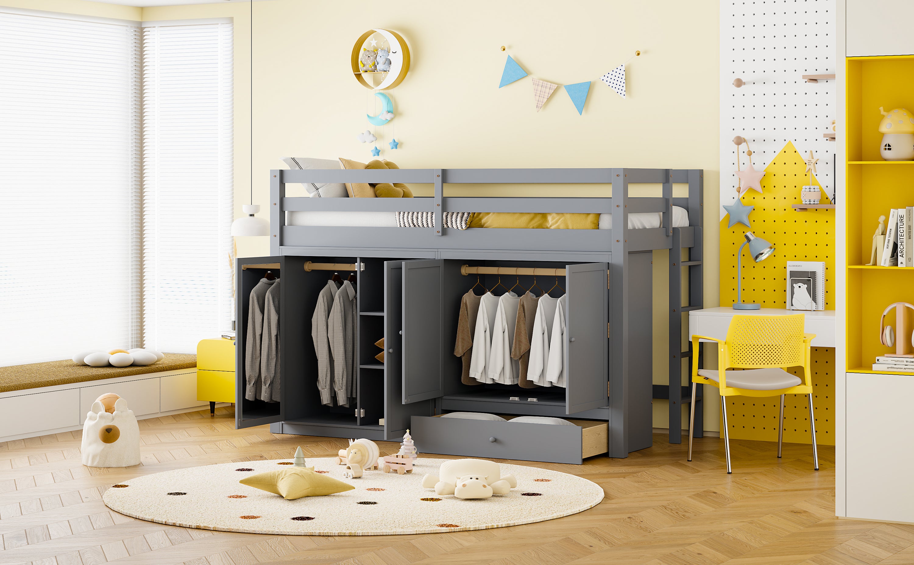 Twin size Loft Bed with Drawer, Two Wardrobes and Mirror, Gray