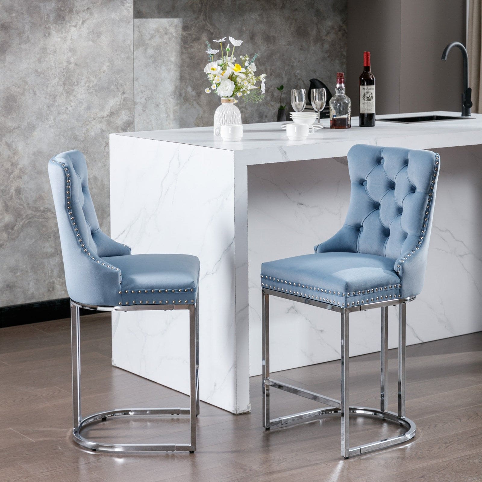 26" Counter Height Bar Stools Set of 2, Modern Velvet Barstools with Button Back&Rivet Trim Upholstered Kitchen Island Chairs with Sturdy Chromed Metal Base Legs Farmhouse Bar Stools,Light Blue,2 Pack