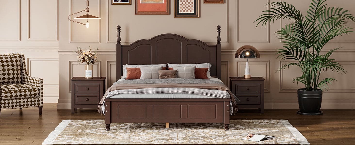 3-Pieces Bedroom Sets,Full Size Wood Platform Bed and Two Nightstands-Dark Walnut