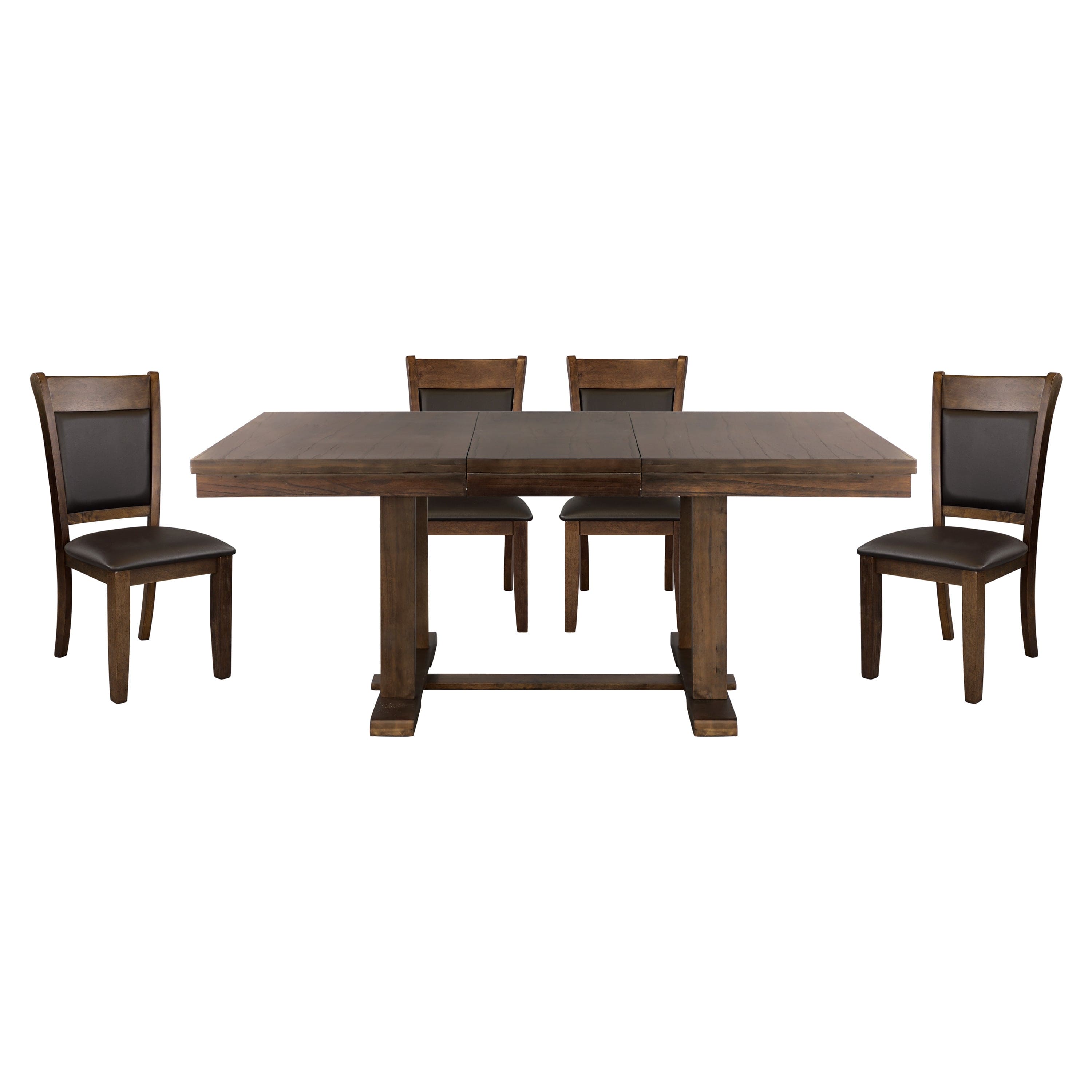 Transitional 5pc Dining Set Table with Self-Storing Leaf and Faux Leather Upholstered 4x Side Chairs Light Rustic Brown Finish Dining Room Furniture