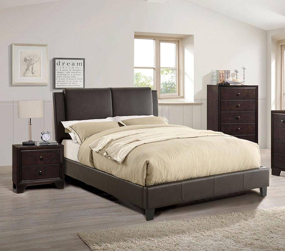 California King Size Bed 1pc  Bed Set Brown Faux Leather Upholstered Two-Panel Bed Frame Headboard Bedroom Furniture