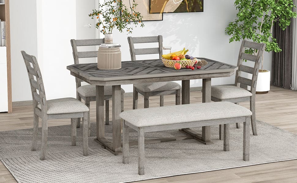 TREXM 6-Piece Rubber Wood Dining Table Set with Beautiful Wood Grain Pattern Tabletop Solid Wood Veneer and Soft Cushion (Gray)