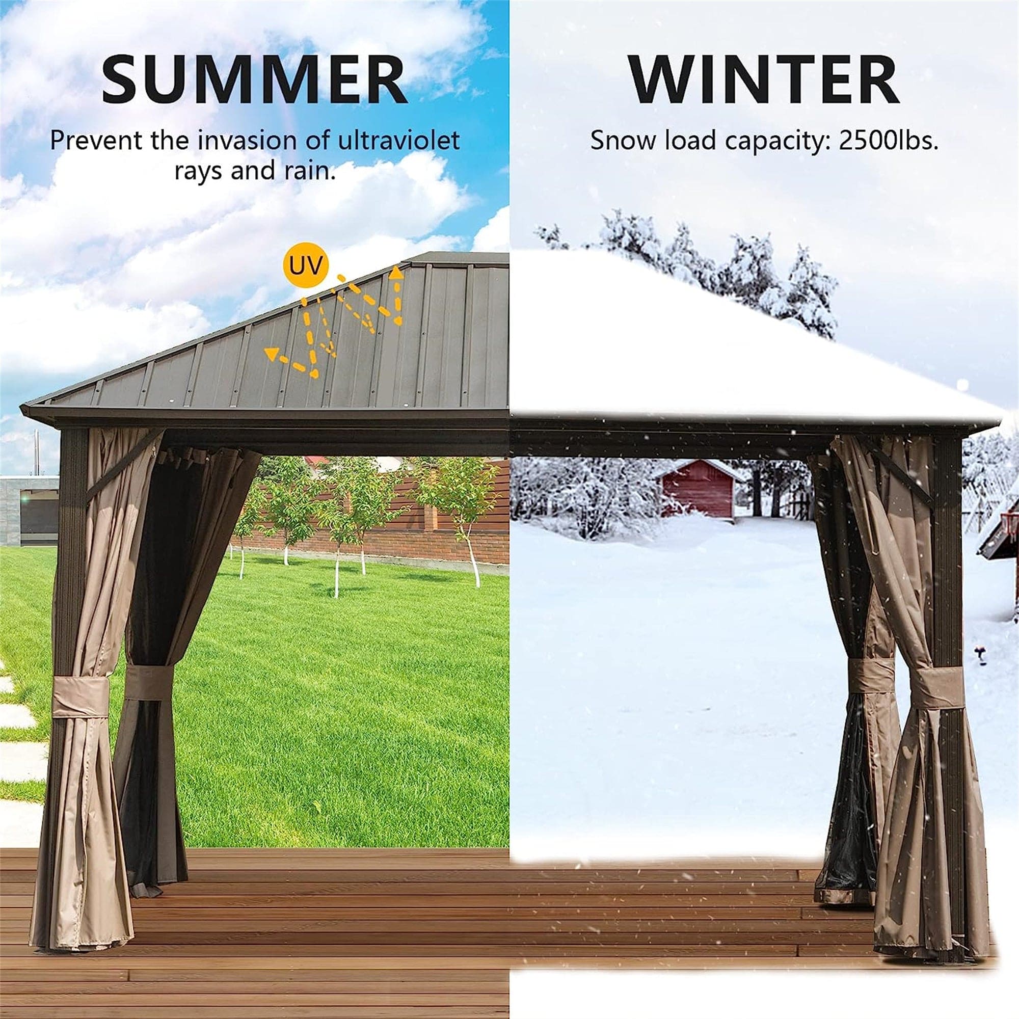 10'x12' Permanent Outdoor Galvanized Steel Roof Gazebo with Aluminum Frame, Pavilion Metal Gazebos with Netting & Curtains for Garden, Patios, Lawns, Parties(Dark Brown)