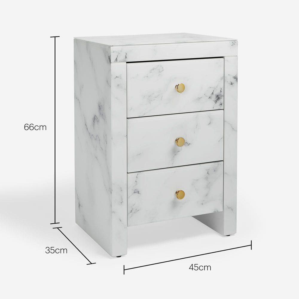 Tempered Glass Nightstand, Marble Nightstand with 3 Drawers,Side Table for Bedroom, Living Room