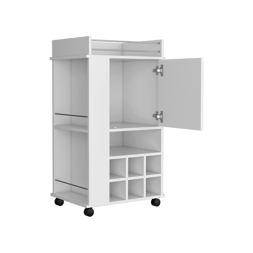 Bar Cart with Casters Reese, Six Wine Cubbies and Single Door, White Finish