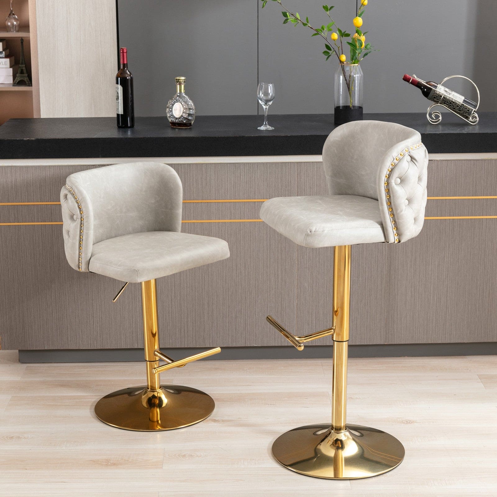 A&A Furniture,Swivel Barstools Adjusatble Seat Height, Modern PU Upholstered Bar Stools with  the whole Back Tufted, for Home Pub and Kitchen Island（Beige, Set of 2）