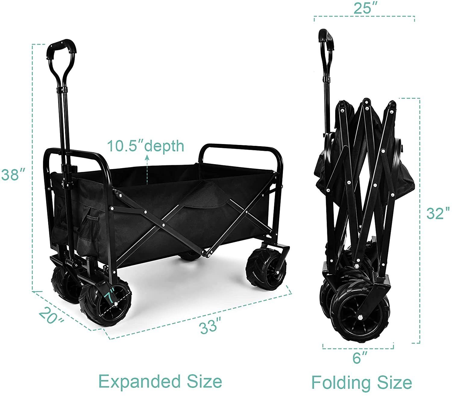 YSSOA Heavy Duty Folding Portable Cart Wagon with 7\'\' Widened All-Terrain Wheels Prevent to Sinking in The Sand, Adjustable Handles and Double Fabric for Shopping, Park, Beach, Camping, Black