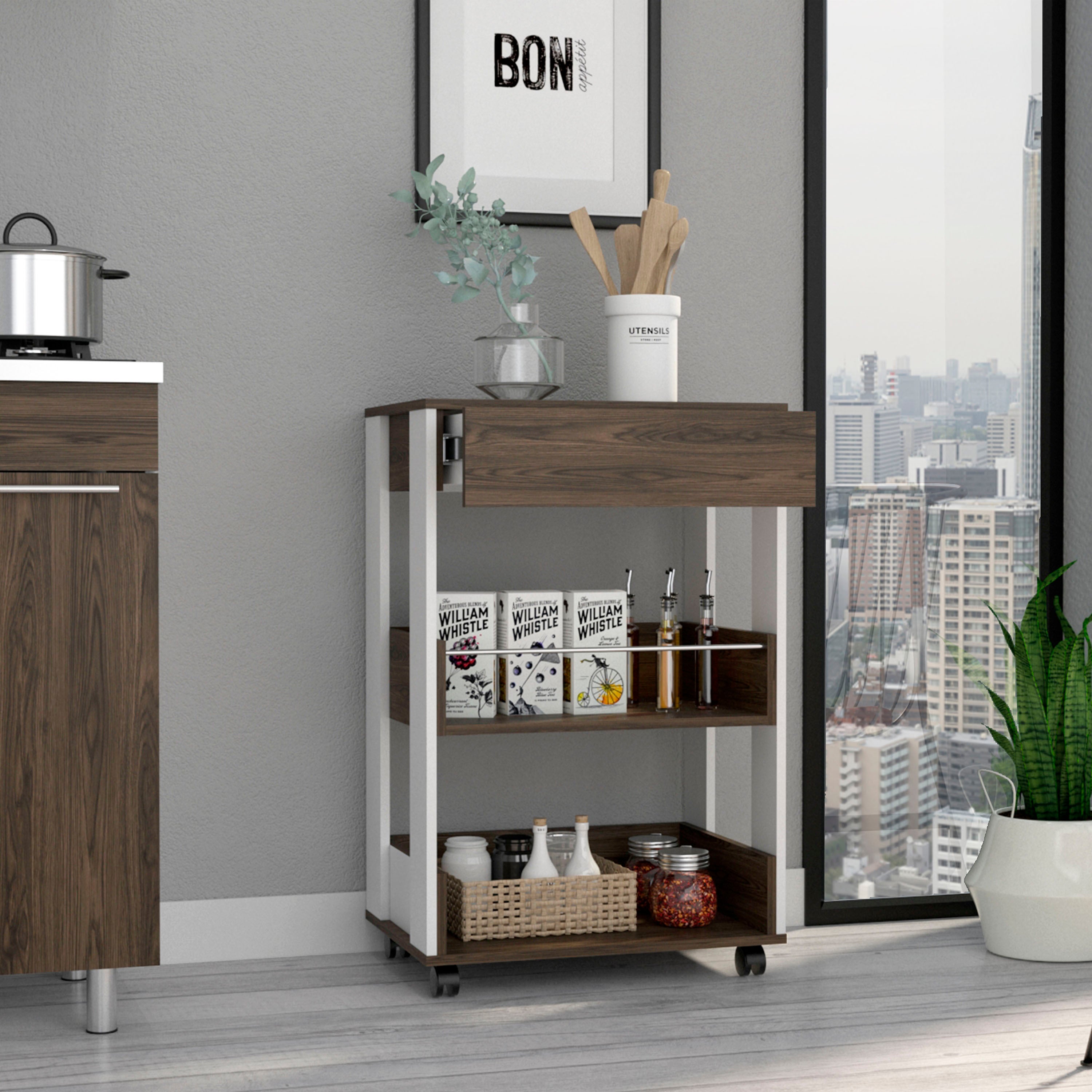 Verona Kitchen Cart, Three Shelves, Four Casters -White / Dark Walnut