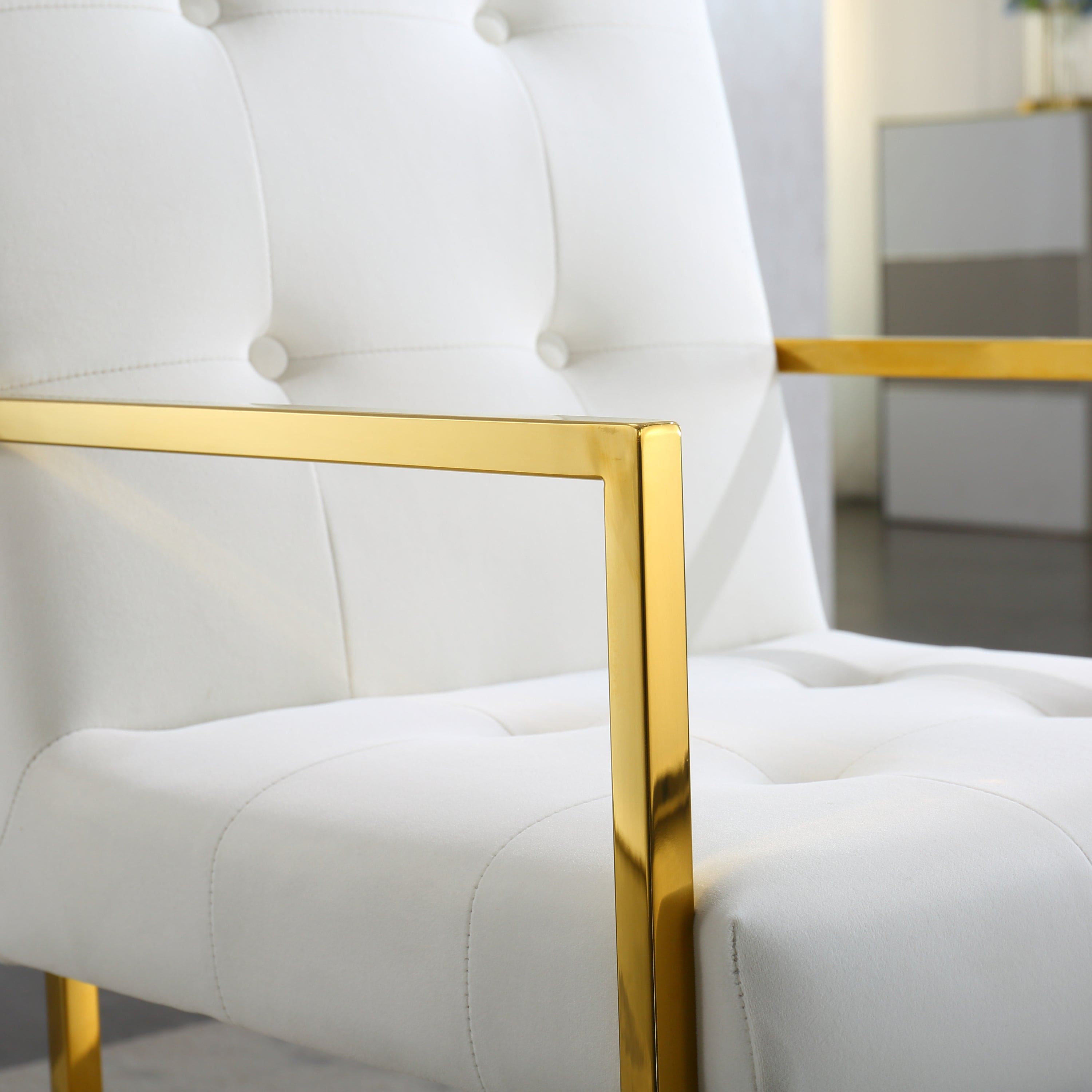 Modern Velvet Dining Arm Chair Set of 1, Tufted Design and Gold Finish Stainless Base