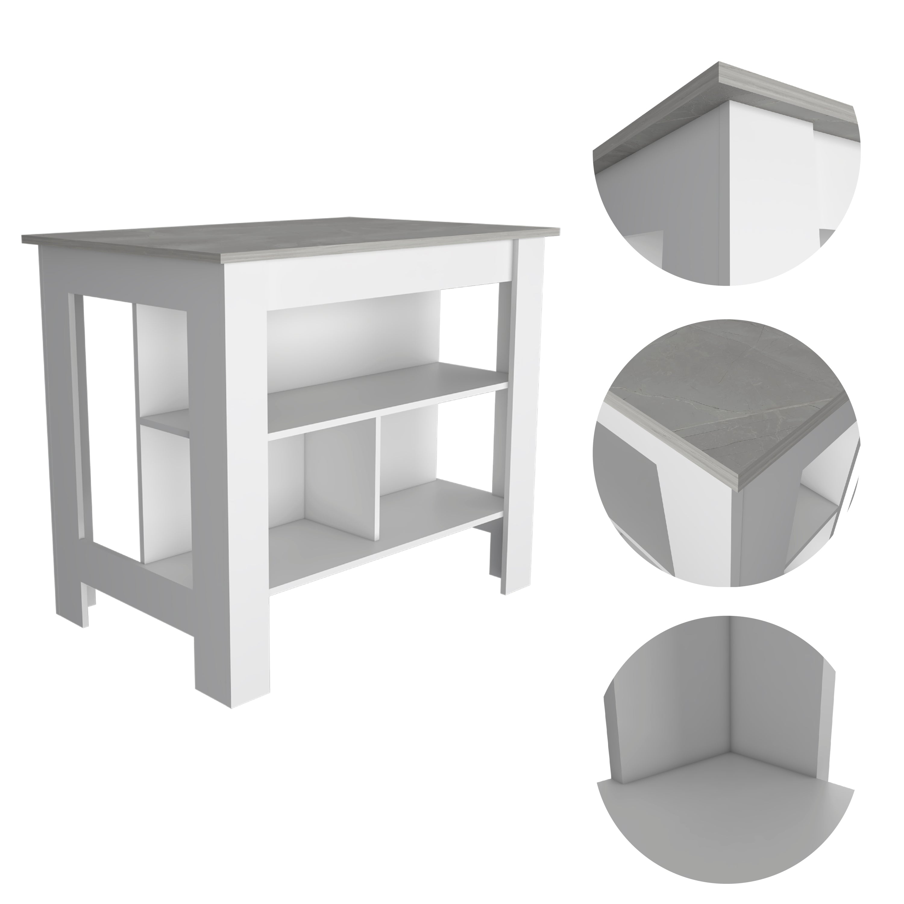 Cala Kitchen Island, Four Legs, Three Shelves  -White / Ibiza Marble