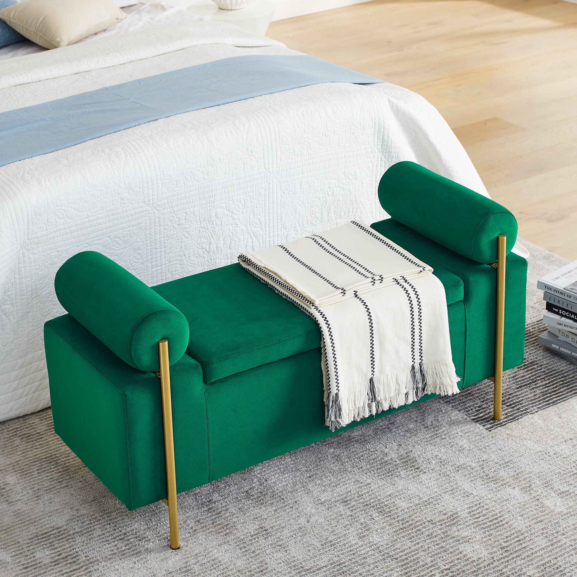 Elegant Upholstered Velvet Storage Bench with Cylindrical Arms and Iron Legs for Hallway Living Room Bedroom, Green