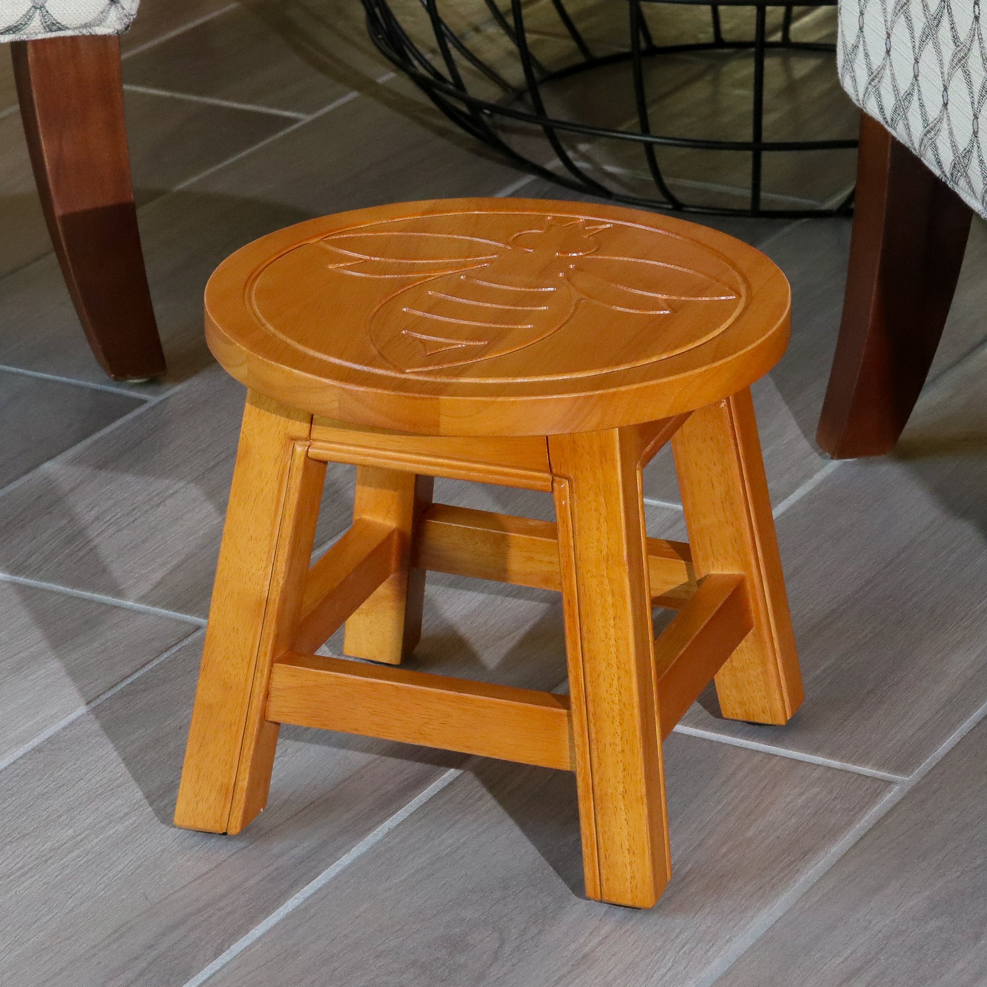 Carved Wooden Step Stool, Queen Bee, Natural