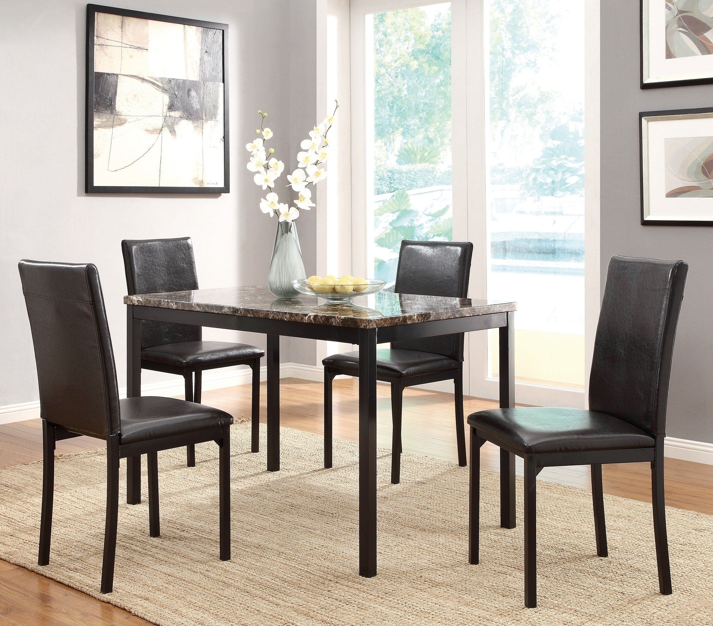 Black Metal Finish 5pc Dining Set Faux Marble Tabletop and 4x Side Chairs Transitional Small Dining Room Furniture