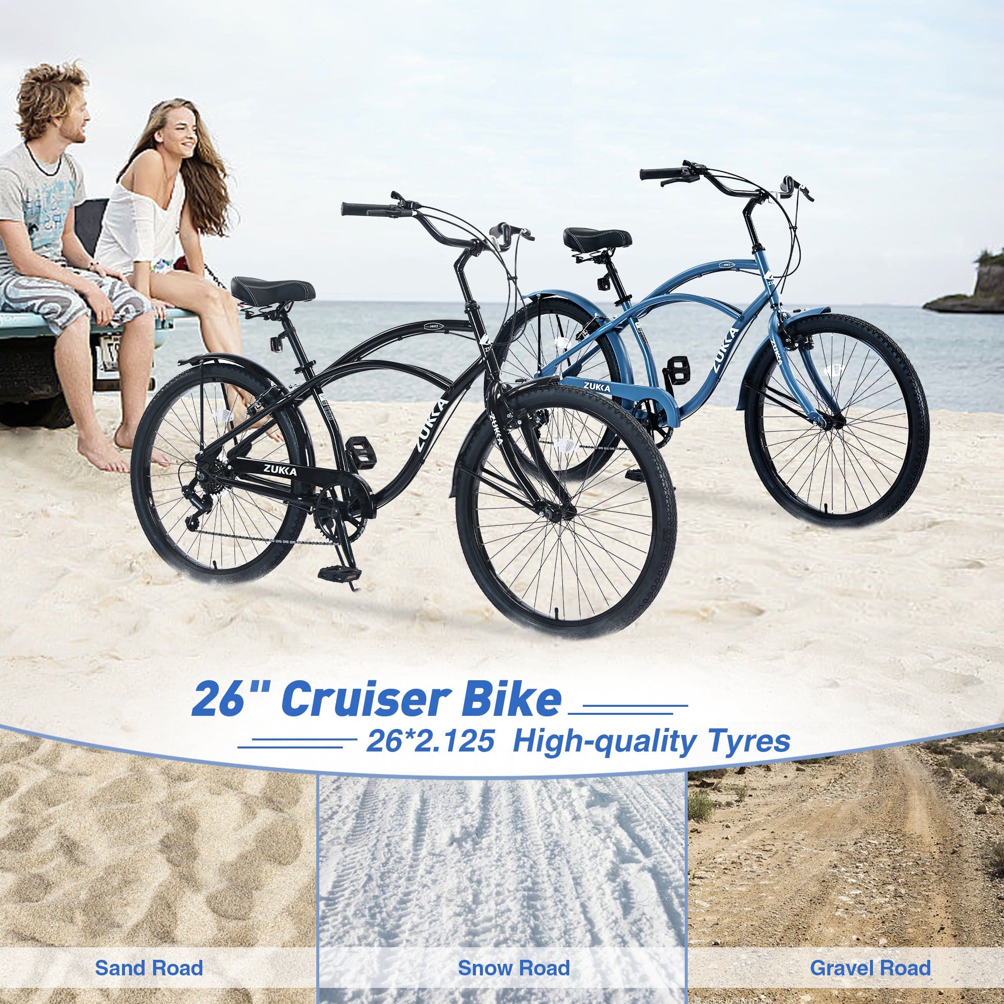 7 Speed Bicycles,  Multiple Colors 26"Inch  Beach Cruiser Bike