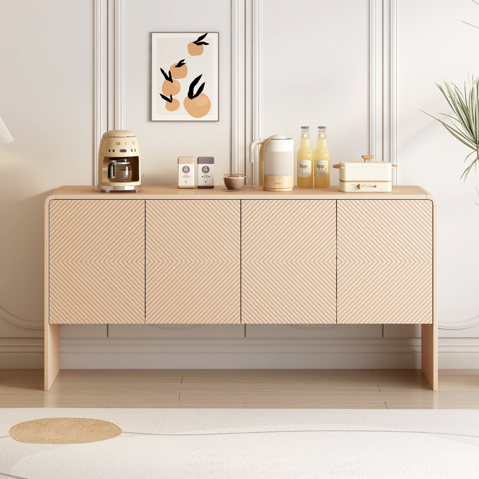 TREXM Minimalist Style 60"L Large Storage Space Sideboard with 4 Doors and Rebound Device for Living Room and Entryway (Apricot Cream)