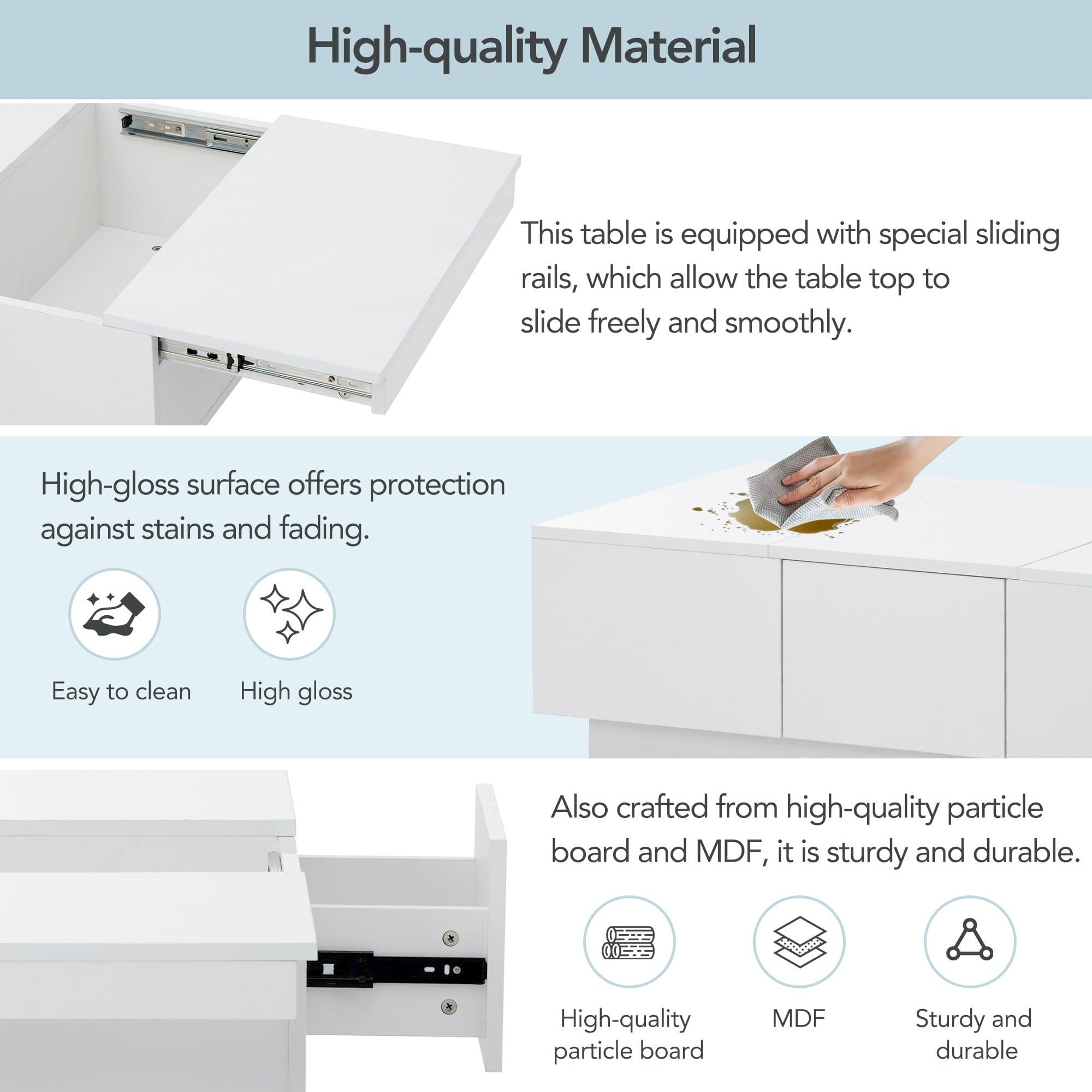 ON-TREND Multifunctional Coffee Table with 2 large Hidden Storage Compartment, Extendable Cocktail Table with 2 Drawers, High-gloss Center Table with Sliding Top for Living Room, 39.3"x21.6", White