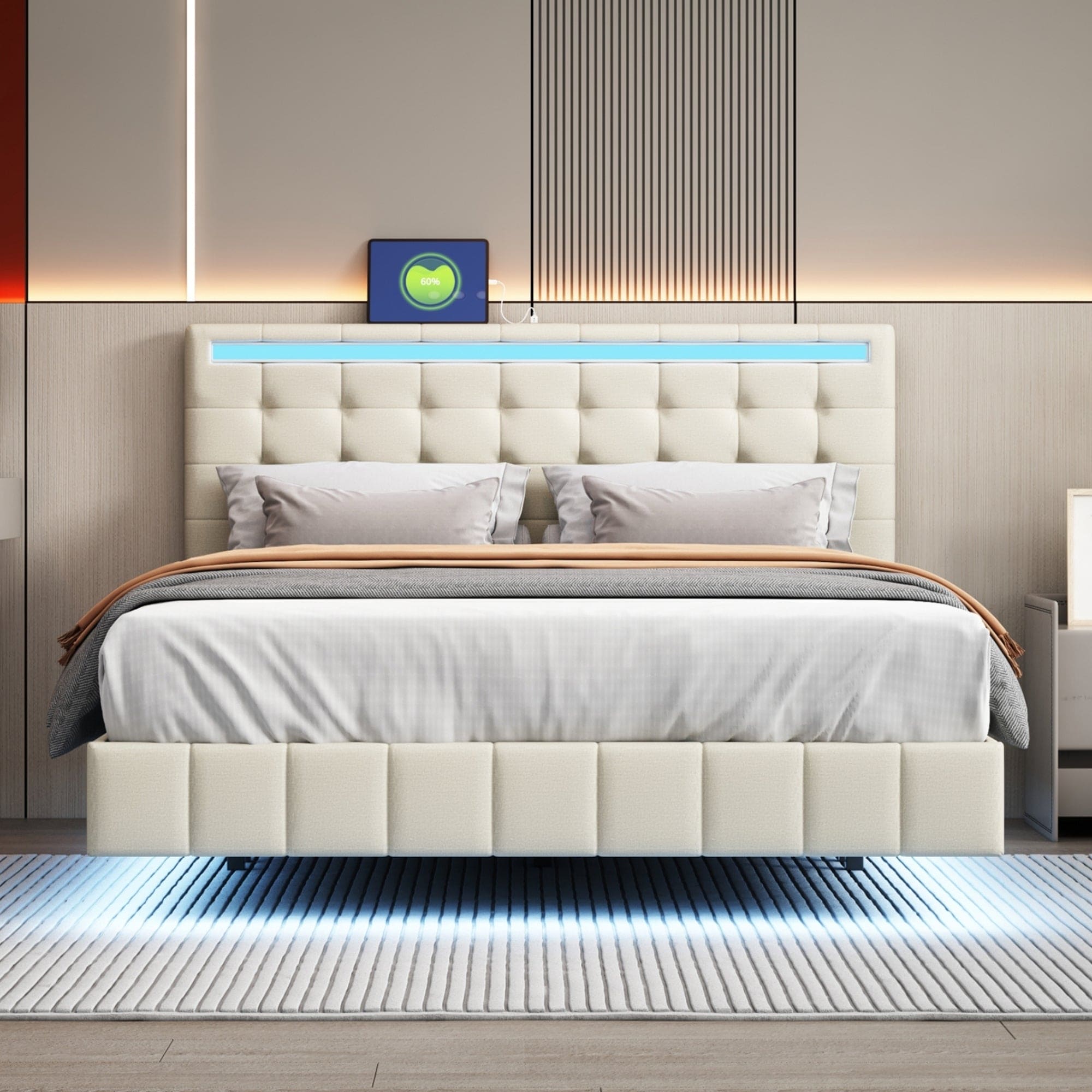 Queen Size Floating Bed Frame with LED Lights and USB Charging,Modern Upholstered Platform LED Bed Frame,Beige