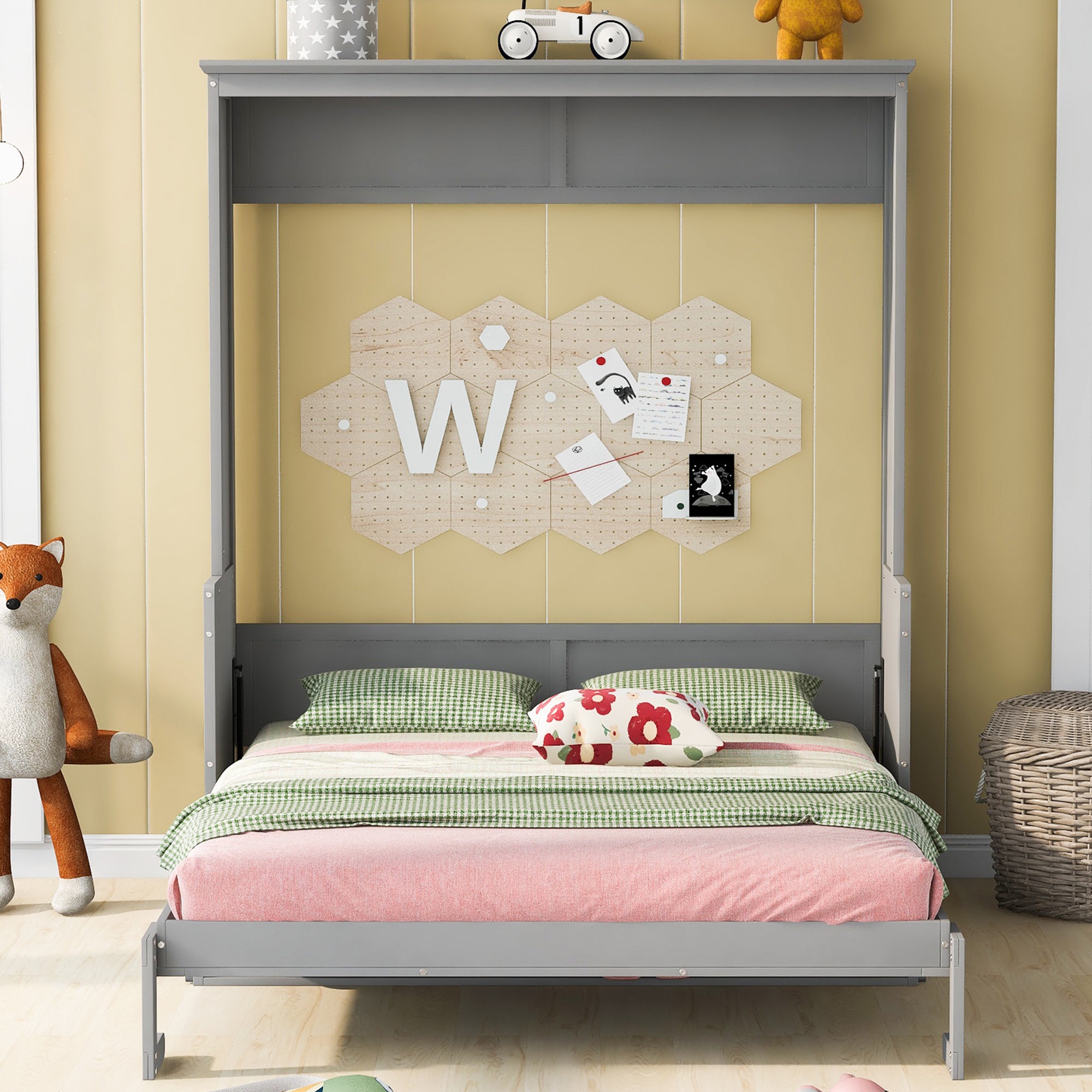 Queen Size Murphy Bed with a Shelf, Gray