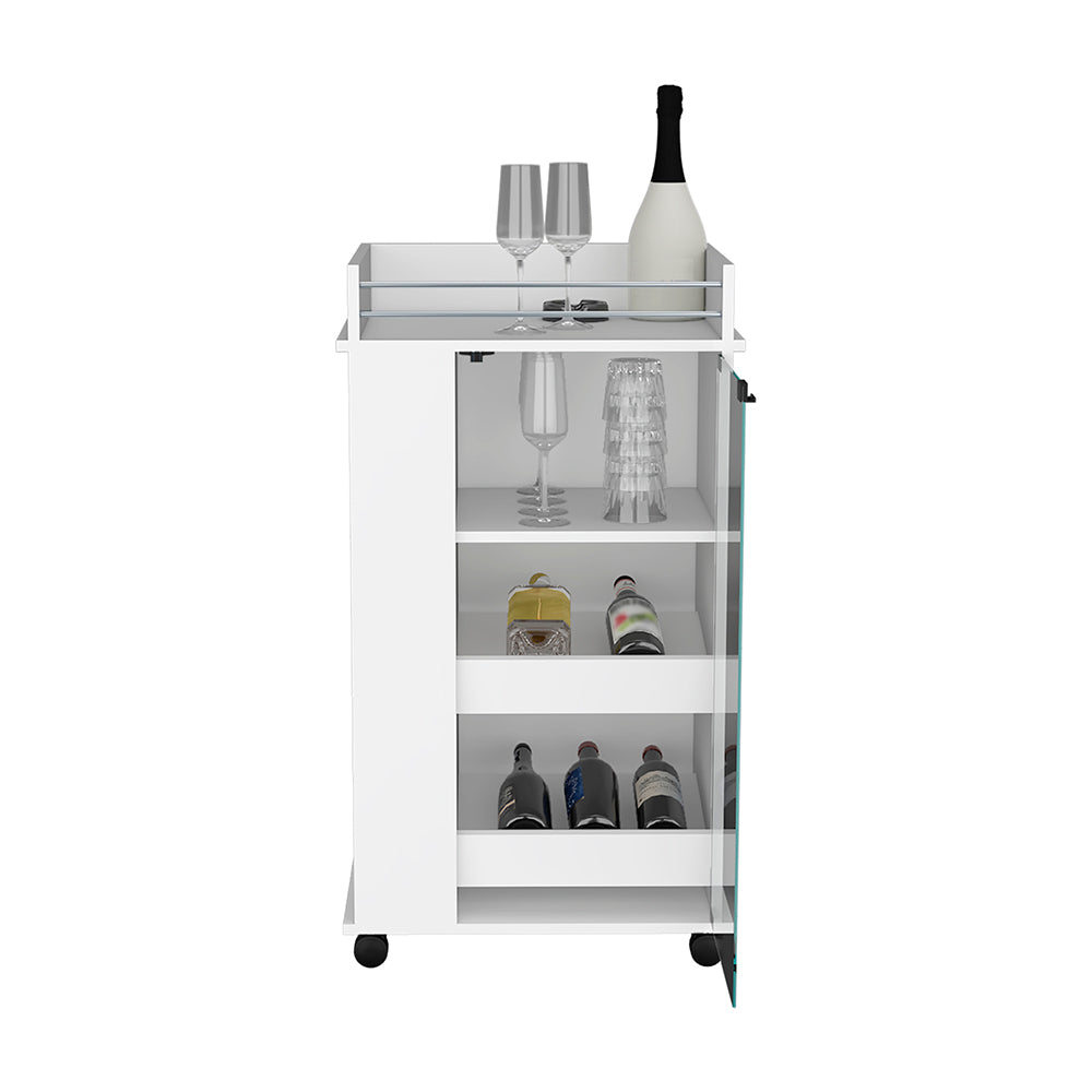 Bar Cart with Two-Side Shelves Beaver, Glass Door and Upper Surface, White Finish