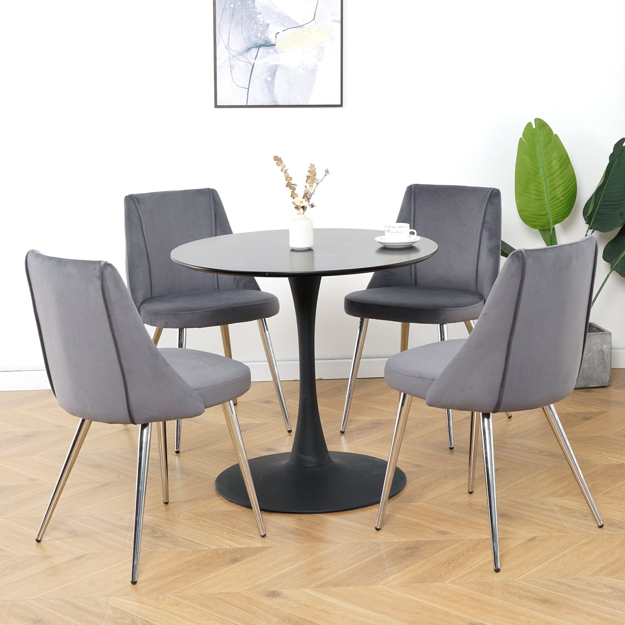 Modern Grey Velvet Dining Chairs , Fabric Accent Upholstered Chairs Side Chair with chrome Legs for Home Furniture Living Room Bedroom Kitchen Dinning room(set of 4)