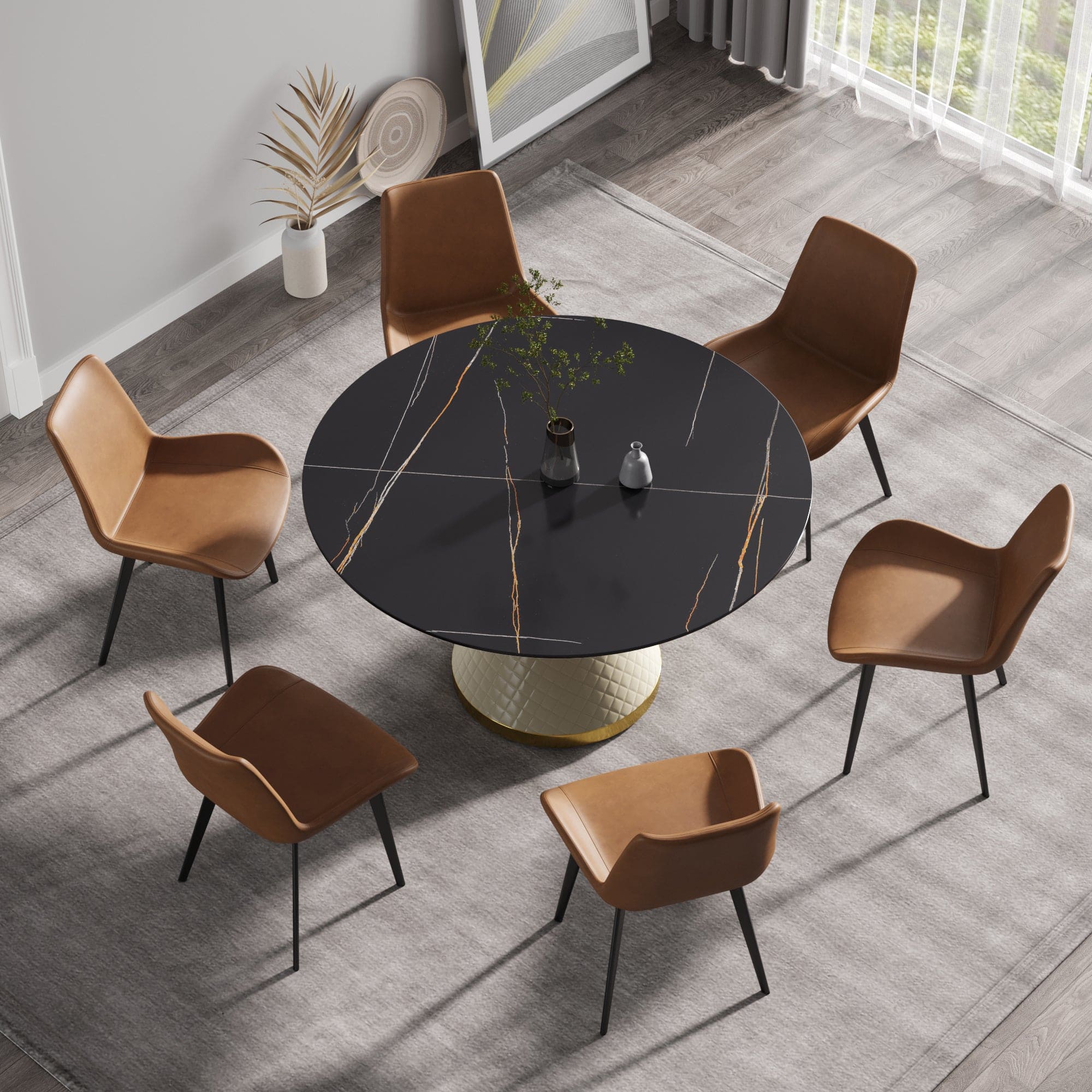 53.15"Modern artificial stone round white carbon steel base dining table-can accommodate 6 people