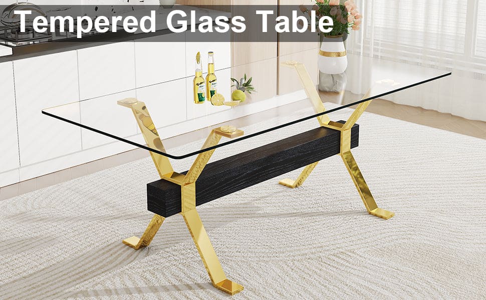 1 table and 6 chairs. Modern simple luxury tempered glass rectangular dining table and desk with 6 black PU gold plated leg chairs 79''x39''x30''