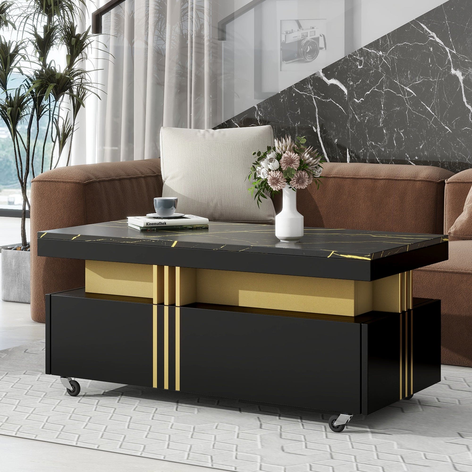 ON-TREND Contemporary Coffee Table with Faux Marble Top, Rectangle Cocktail Table with Caster Wheels, Moderate Luxury Center Table with Gold Metal Bars for Living Room, Black