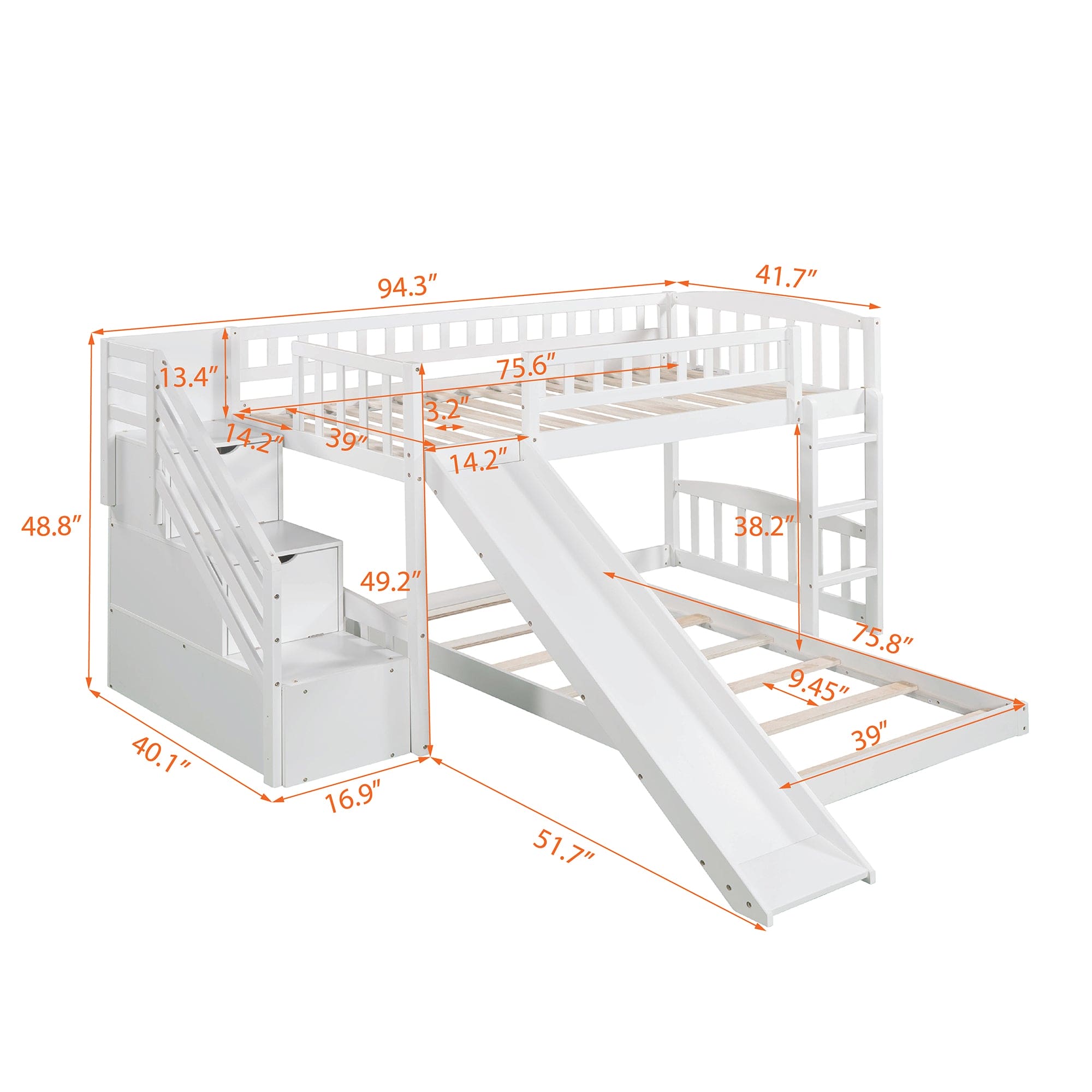 Stairway Twin over Twin Bunk Bed with Two Drawers and Slide, White(OLD SKU :LP000156AAK)