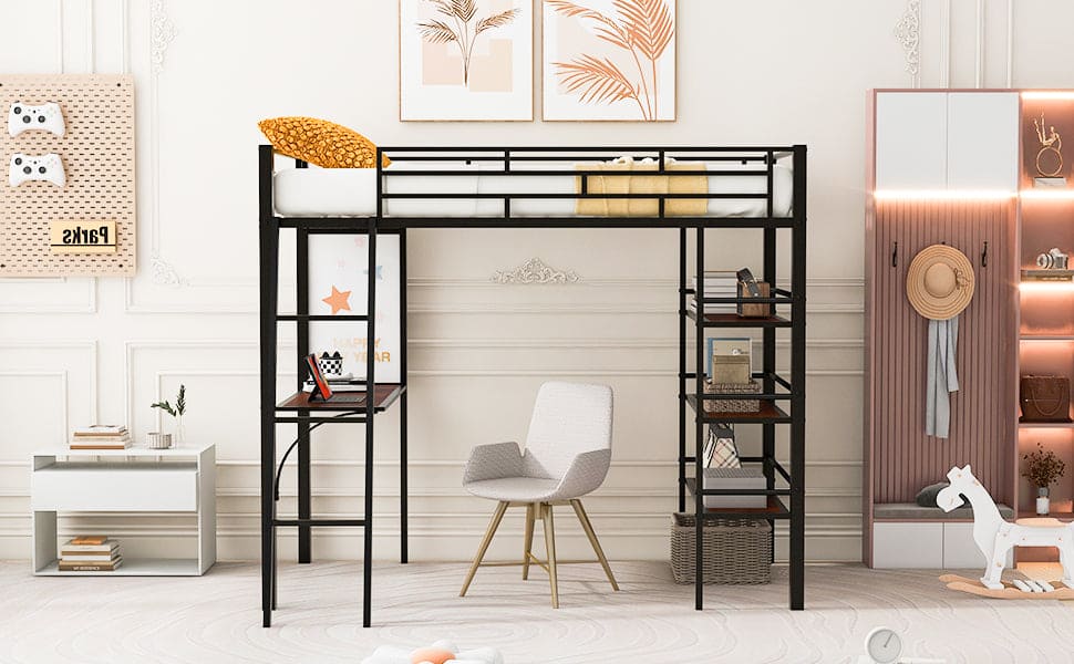 Twin Size Loft Metal Bed with 3 Layers of Shelves and Desk, Stylish Metal Frame Bed with Whiteboard, Black