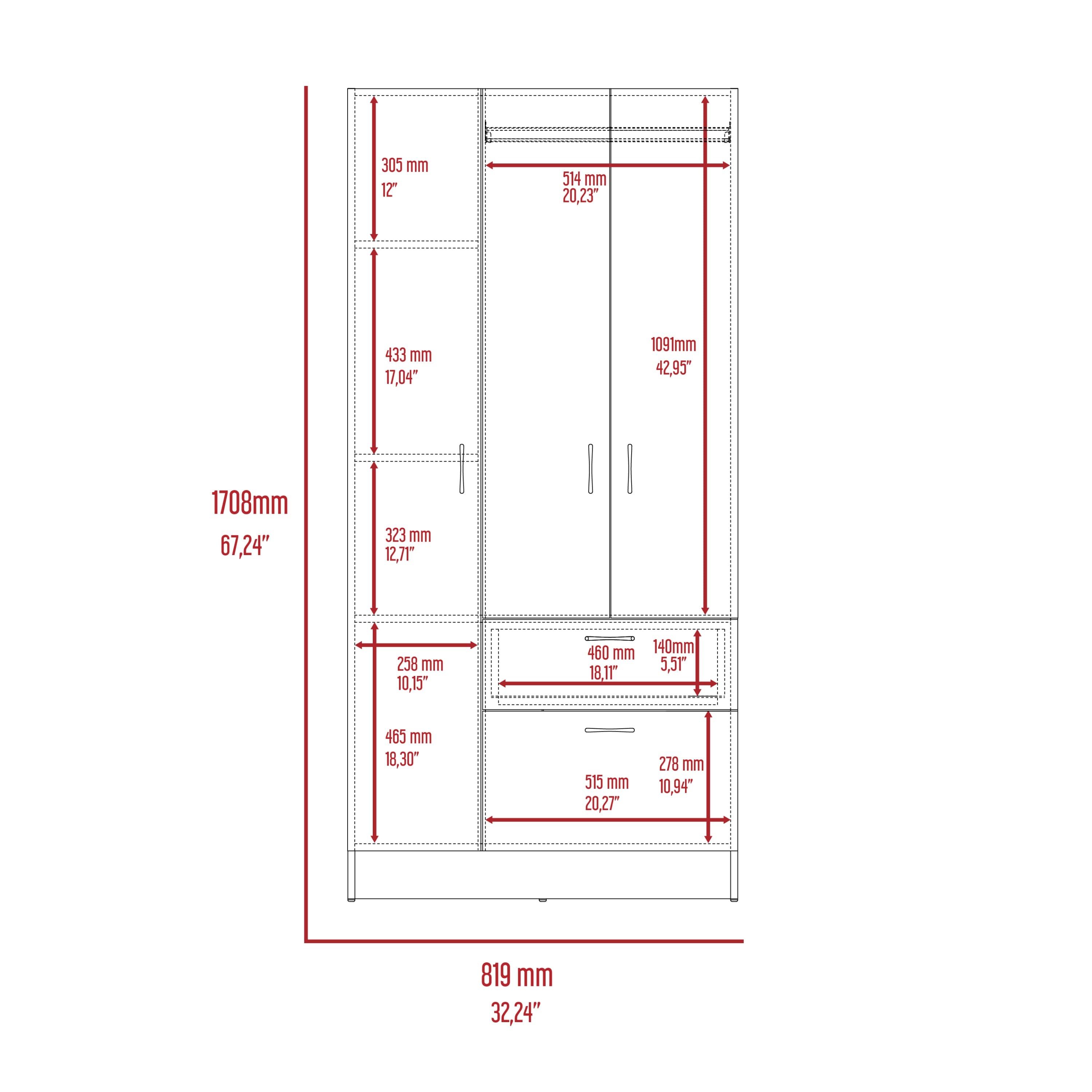 Primavera Armoire, Double Door Cabinets, One Drawer, Metal Rod, Five Shelves -Black / White