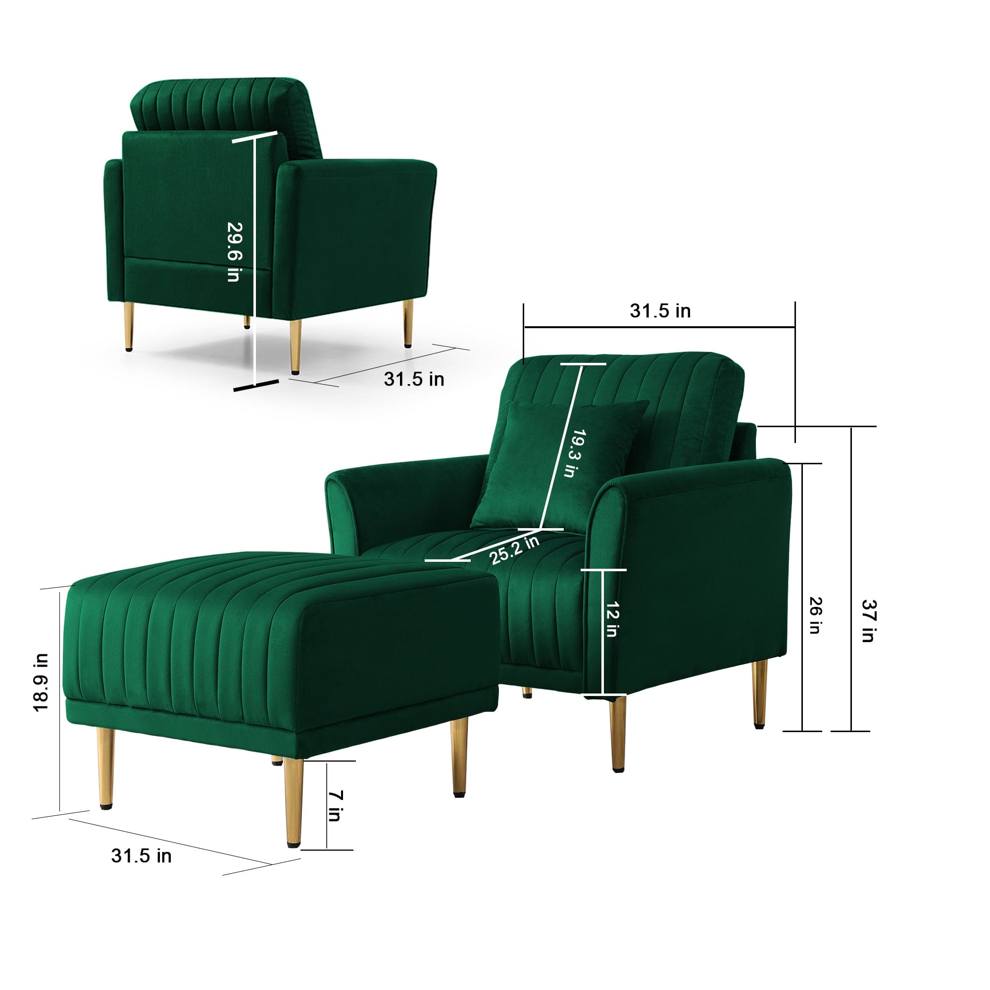 Modern Accent Chair Roll Arm Fabric Chairs, Contemporary Leisure Side Chair, Armchair for Living Room or Bedroom with Metal Legs, Upholstered Single Sofa Club Chair Green