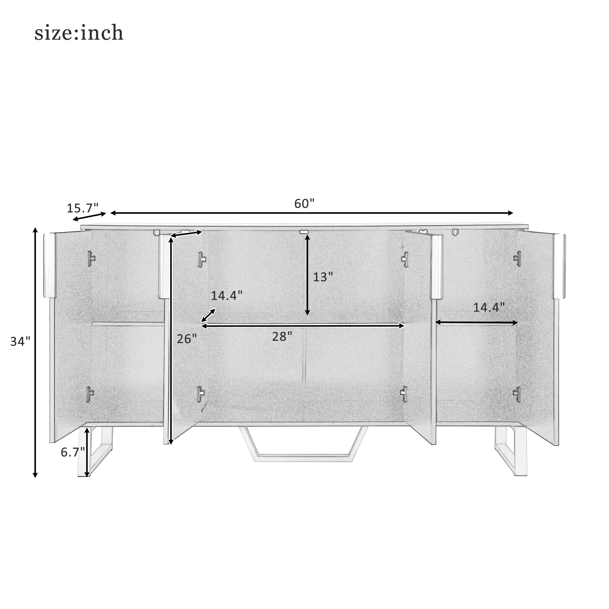 TREXM Modern sideboard with Four Doors, Metal handles & Legs and Adjustable Shelves Kitchen Cabinet (White)