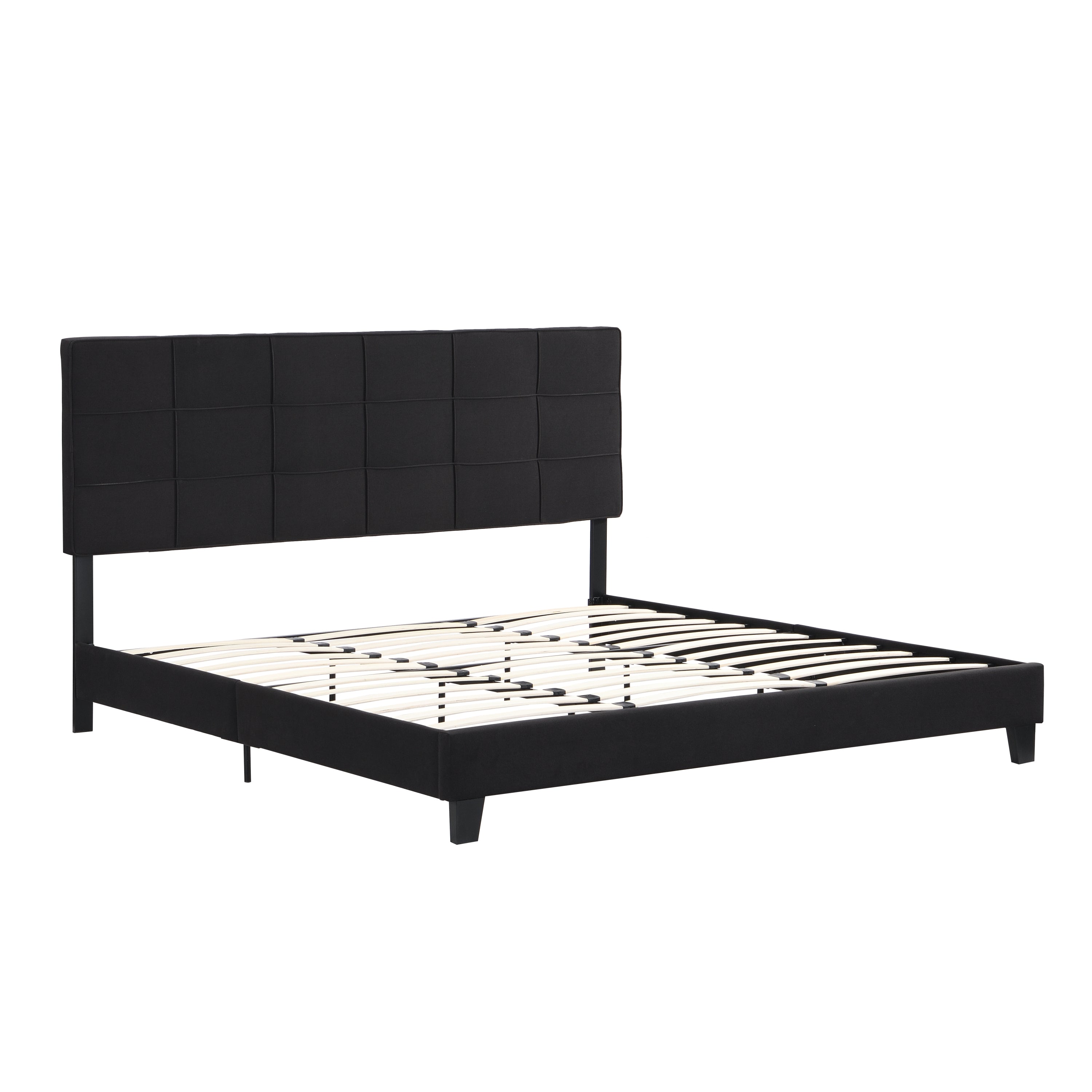 King Size Upholstered Platform Bed Frame with  Linen Fabric Headboard, No Box Spring Needed, Wood Slat Support, Easy Assembly, BLACK