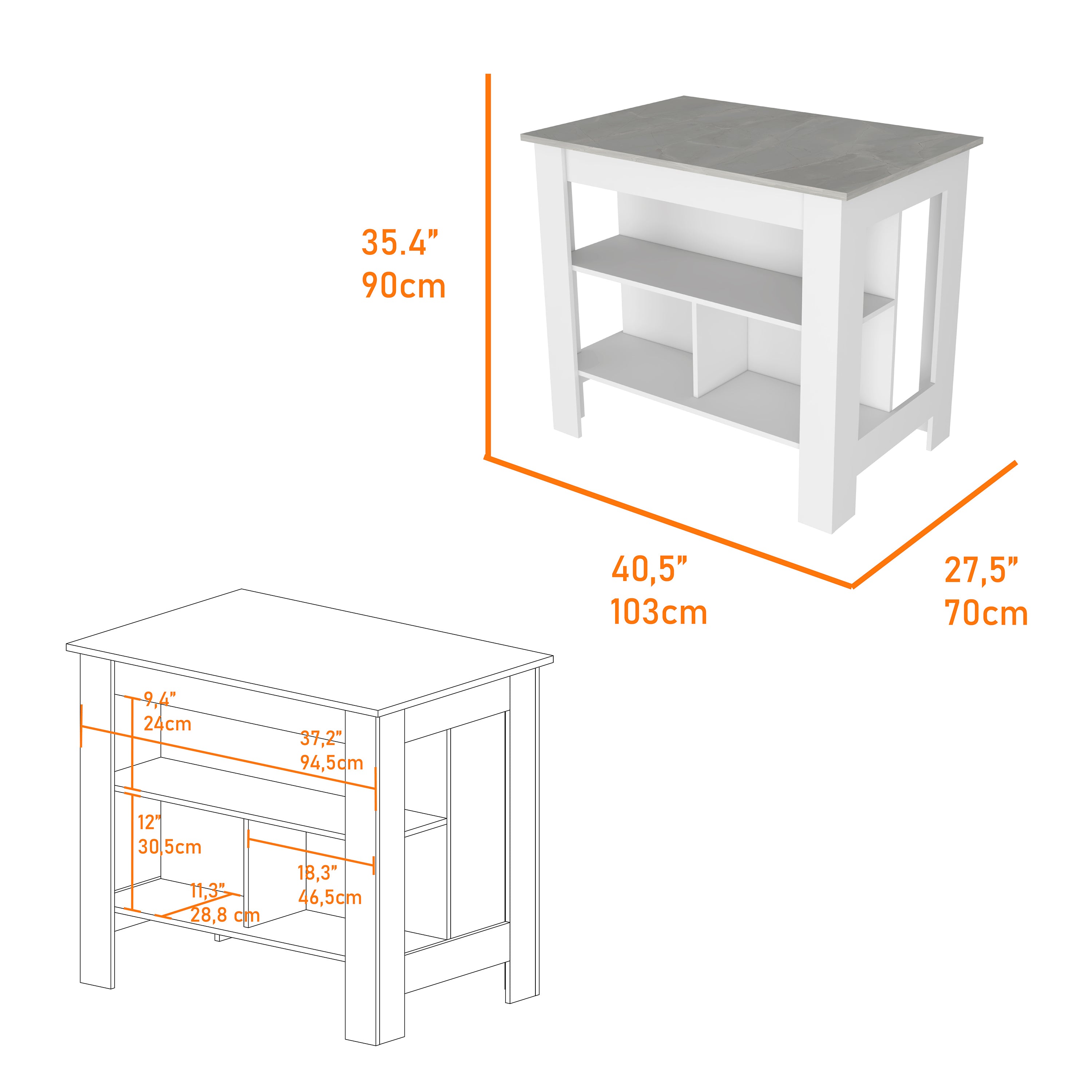 Kitchen Island Dozza, Three Shelves, White / Ibiza Marble Finish