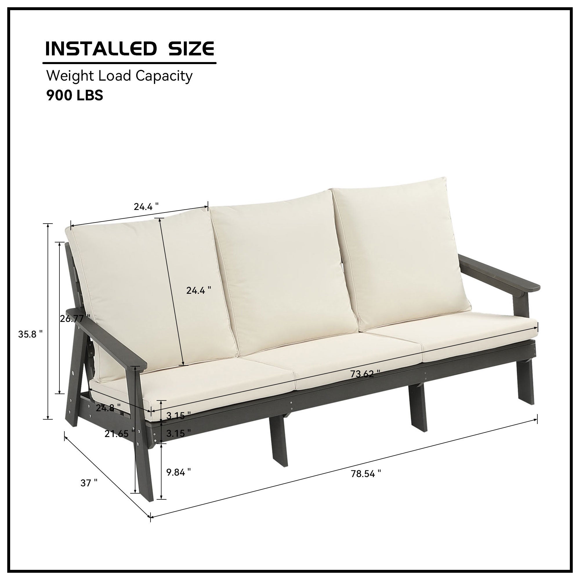 HIPS 3 Seater Sofa with Cushion,  Outdoor Garden Sofa, Grey/Beige