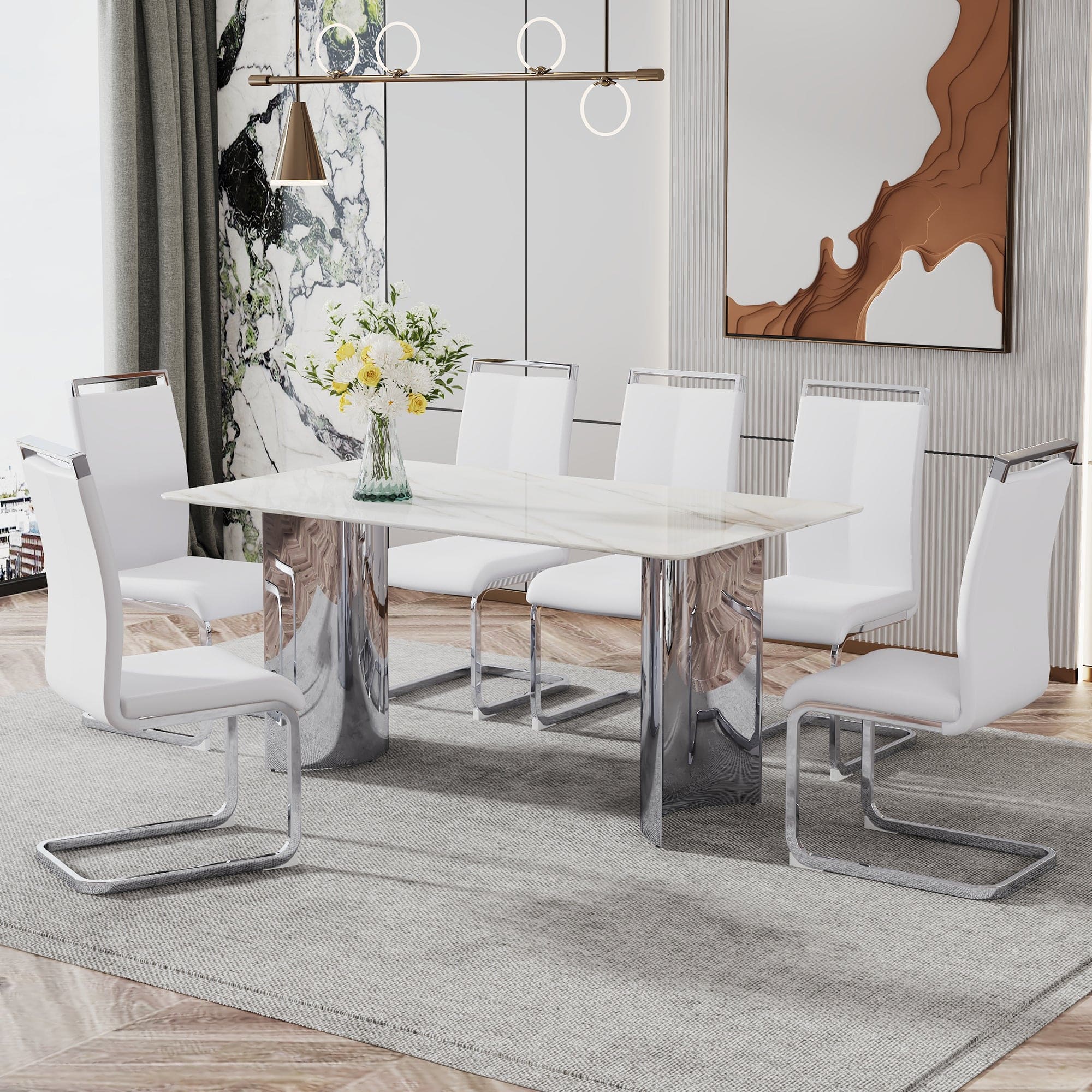 Modern minimalist dining table. White imitation marble glass sticker desktop, stainless steel legs, stable and beautiful. Suitable for living room and dining room  63" *35.4" *29.5"   DT-69