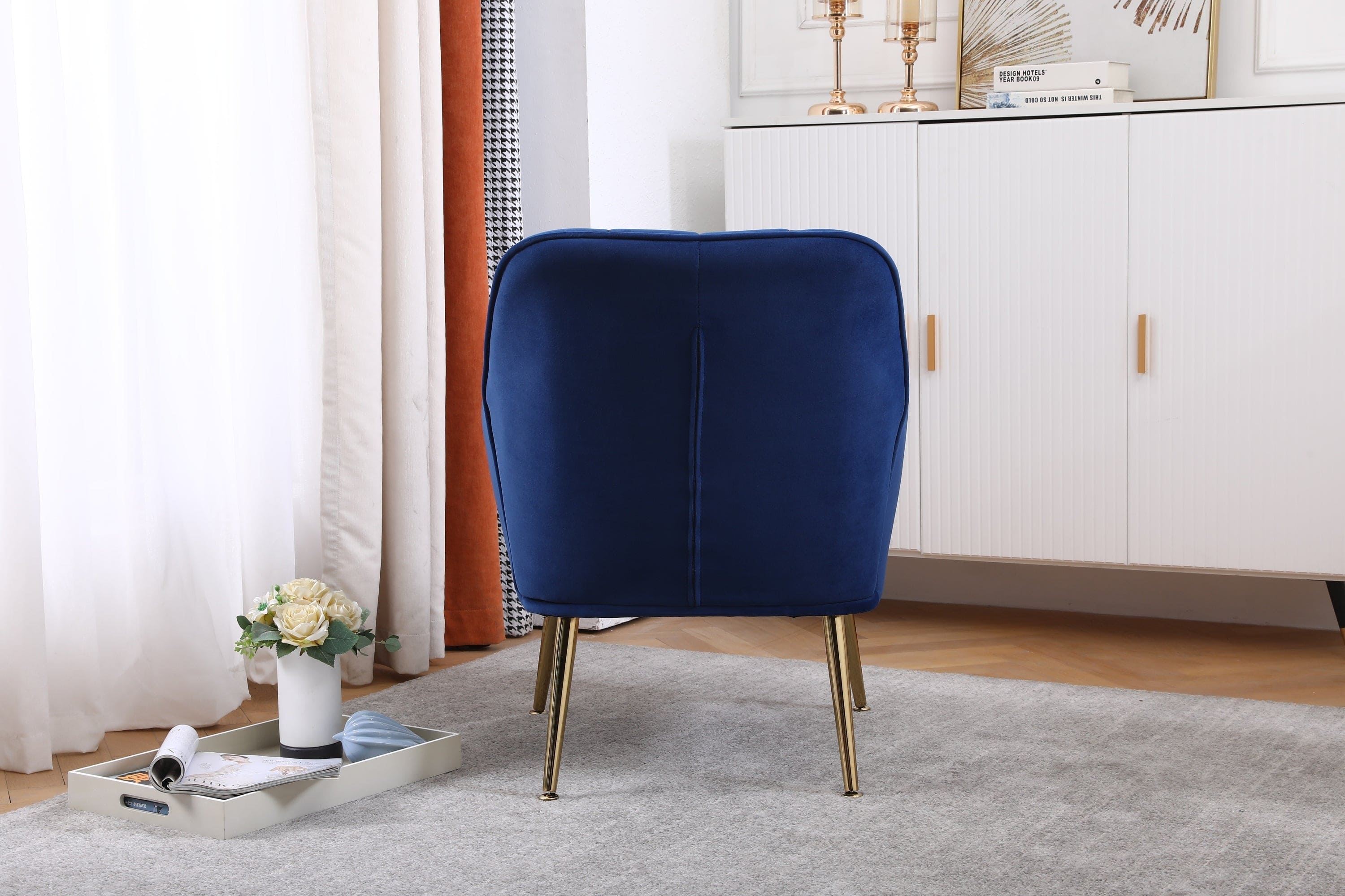 Modern Mid Century Chair velvet  Sherpa Armchair for Living Room Bedroom Office Easy Assemble(NAVY)