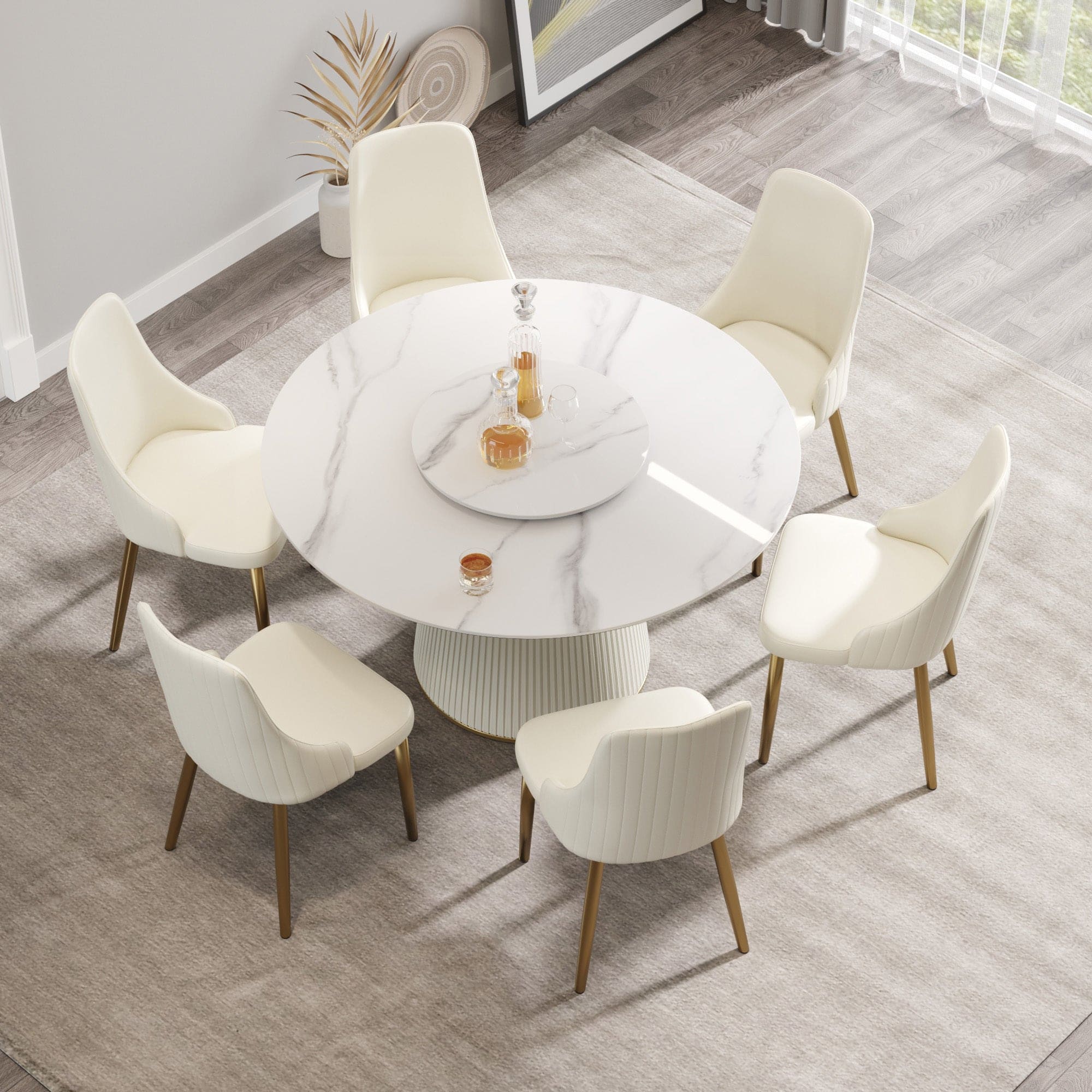 53.15 "Modern white artificial stone round beige plywood PU base dining table-can accommodate 6 people-23.62"white artificial stone turntable (Not including chairs. )