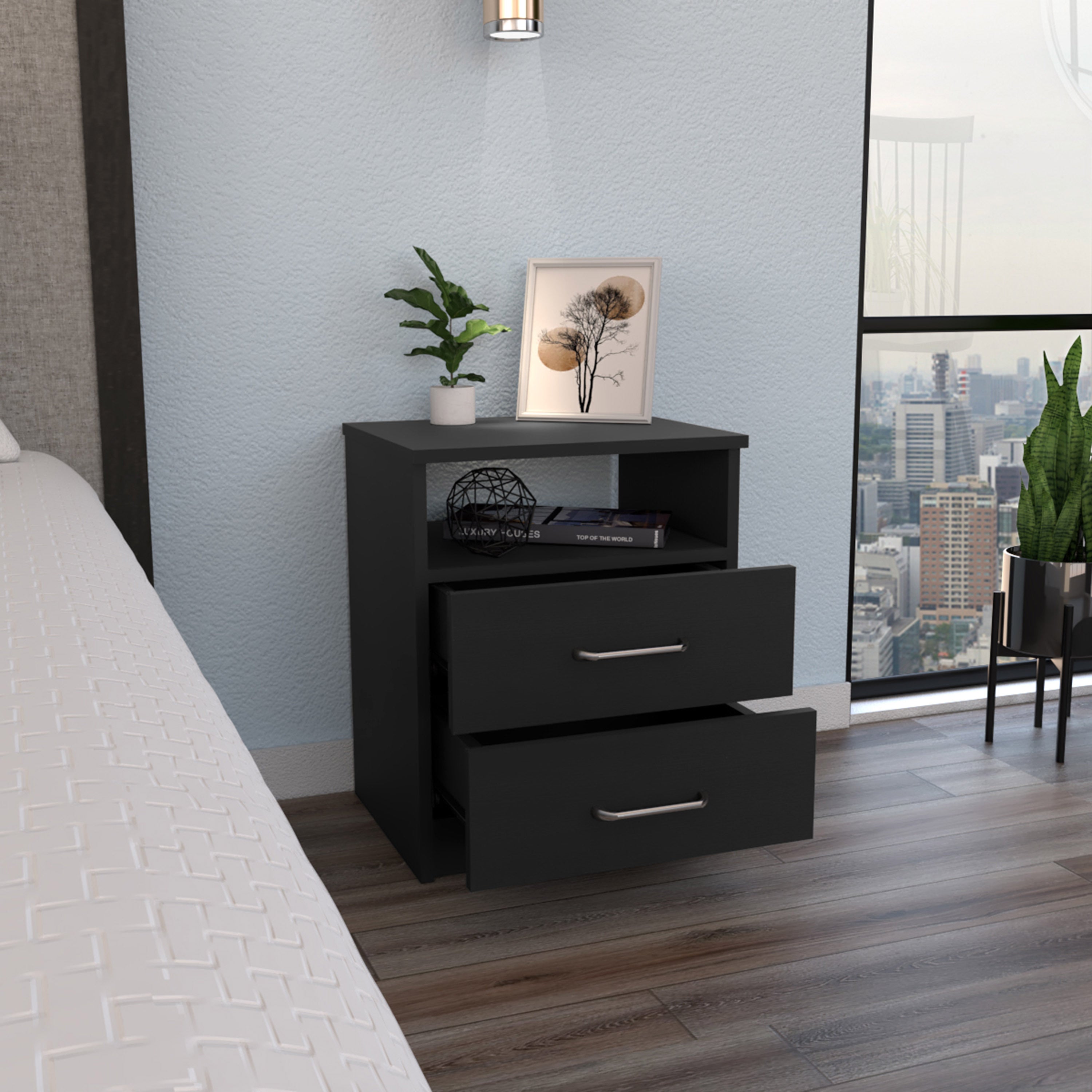 Napoles Nightstand, Superior Top, Two Drawers, One Shelf -Black