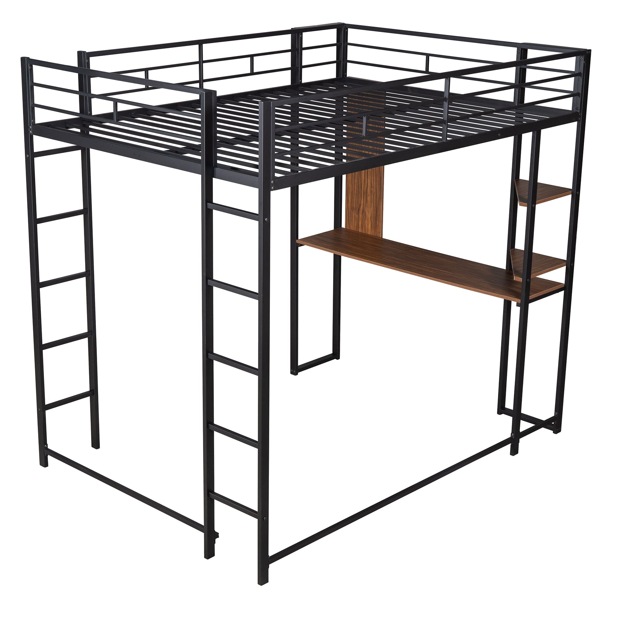 Full Size Metal Loft Bed with 2 Shelves and one Desk ,Black (Old SKU: LP000191AAB )