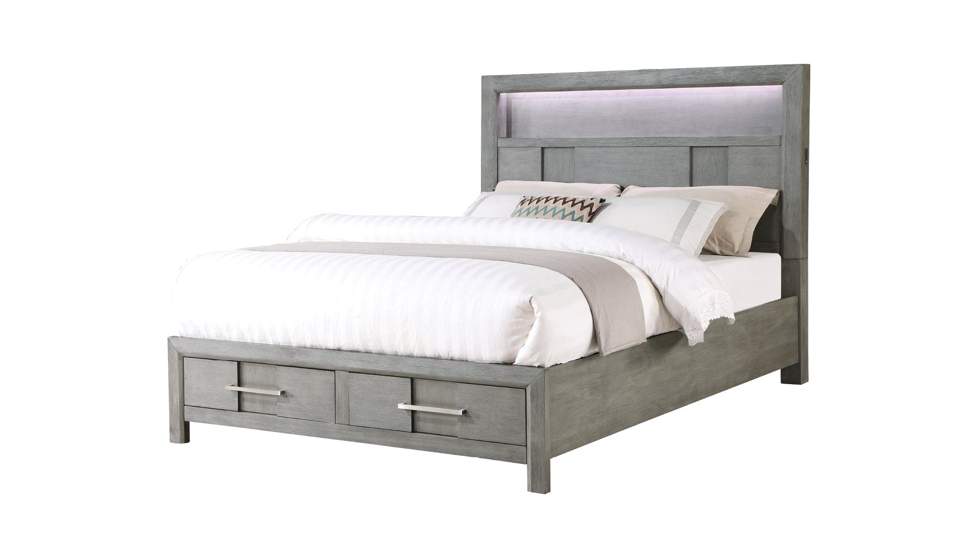 Kenzo Modern Style Queen Bed Made with Wood & LED Headboard with bookshelf in Gray