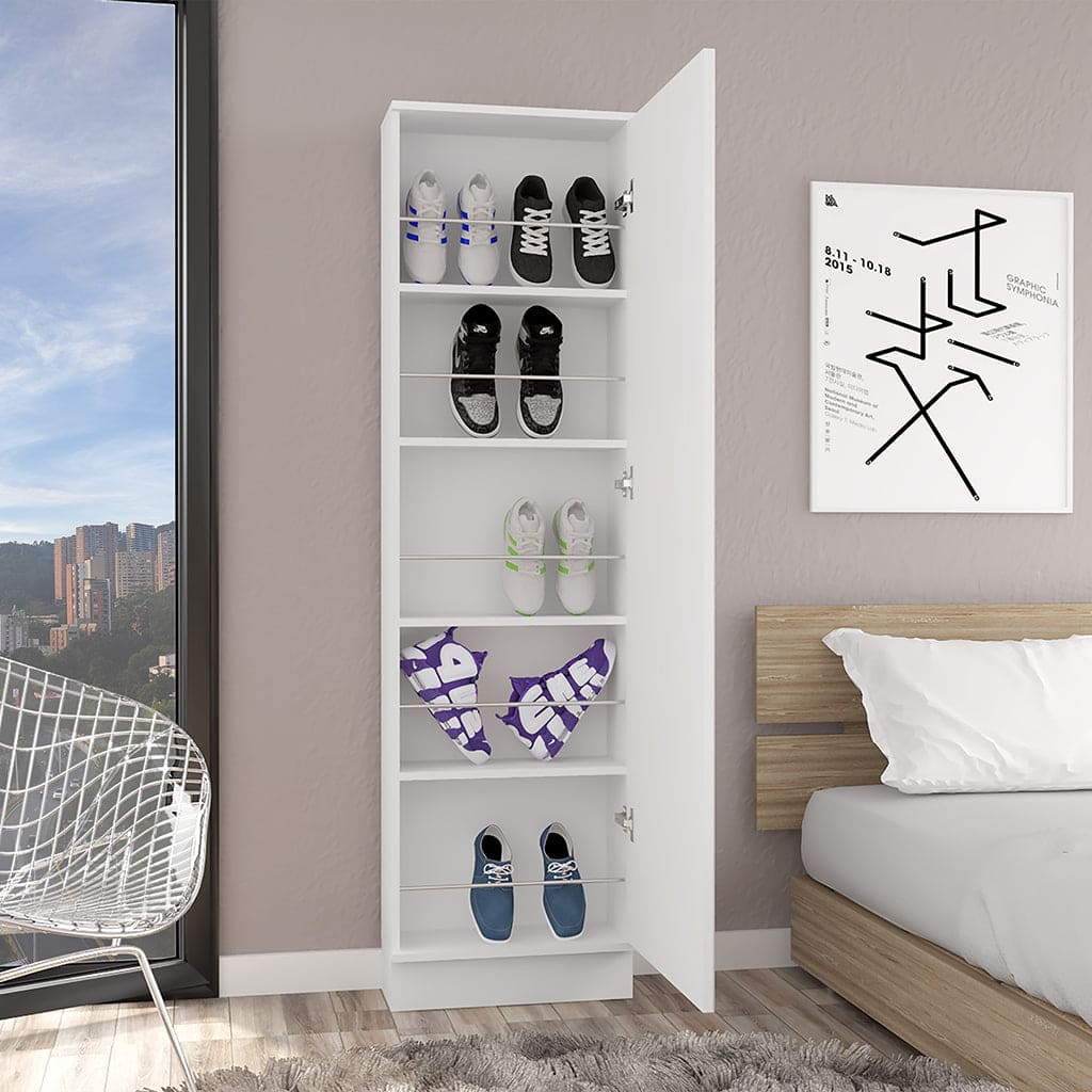 Shoe Rack Chimg, Mirror, Five Interior Shelves, Single Door Cabinet, White Finish