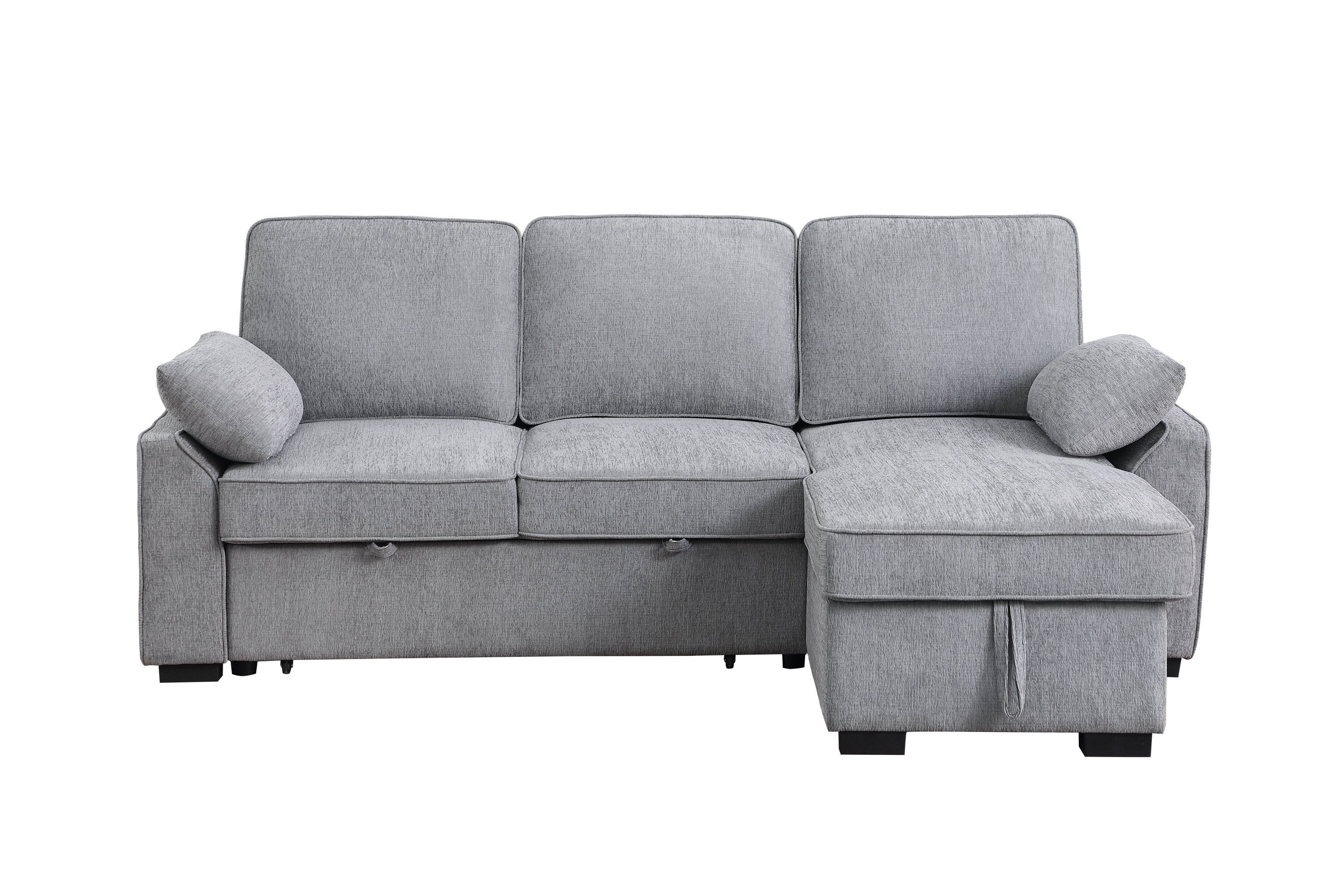 Mackenzie Light  Gray Chenille Fabric Reversible Sleeper Sectional with Storage Chaise, Drop-Down Table, Cup Holders and Charging Ports