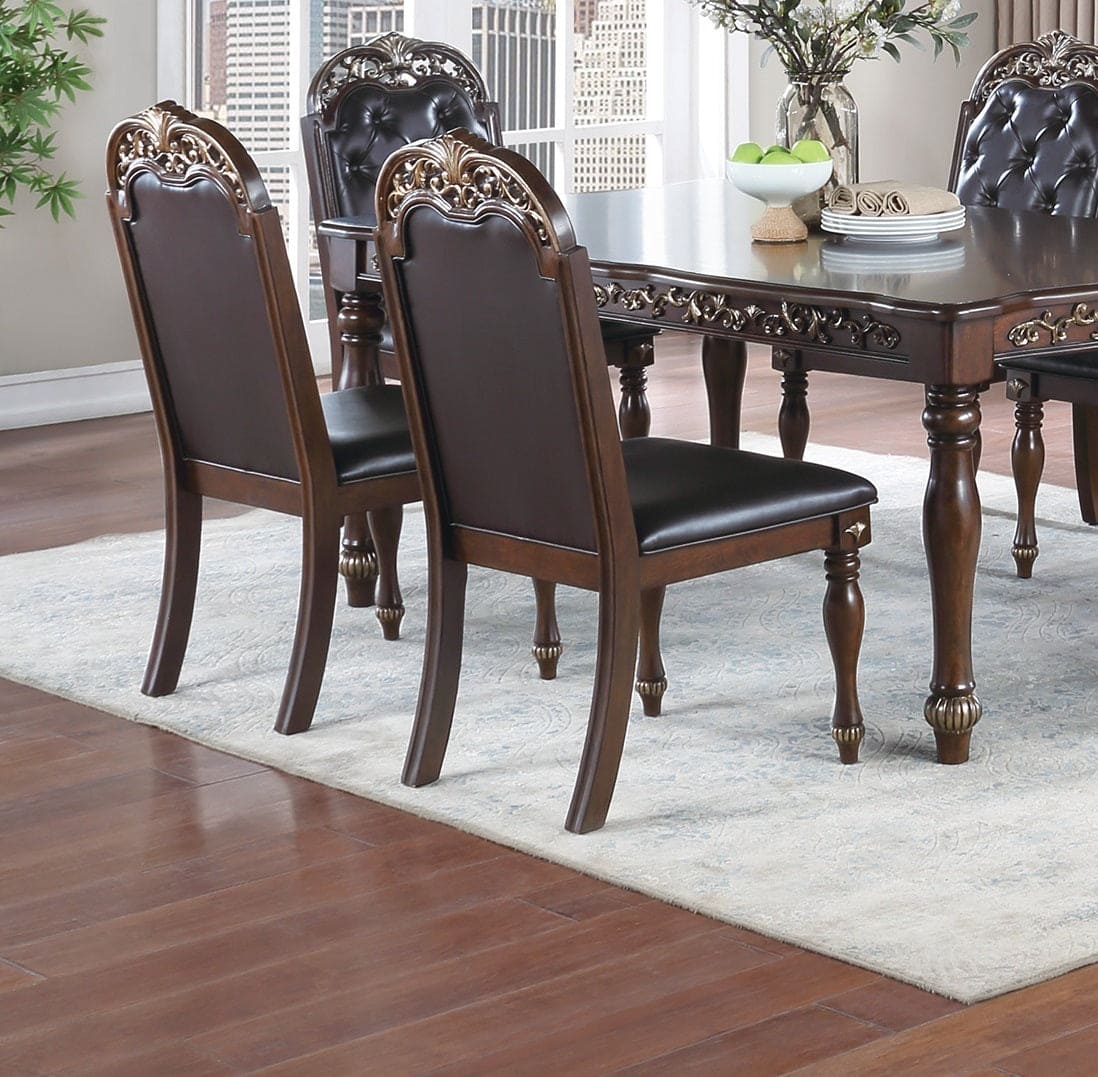 Traditional Formal Brown Finish 7pc Dining Set Table w 6x Side Chairs Rubber wood Intricate Design Tufted back Cushion Seat Dining Room Furniture