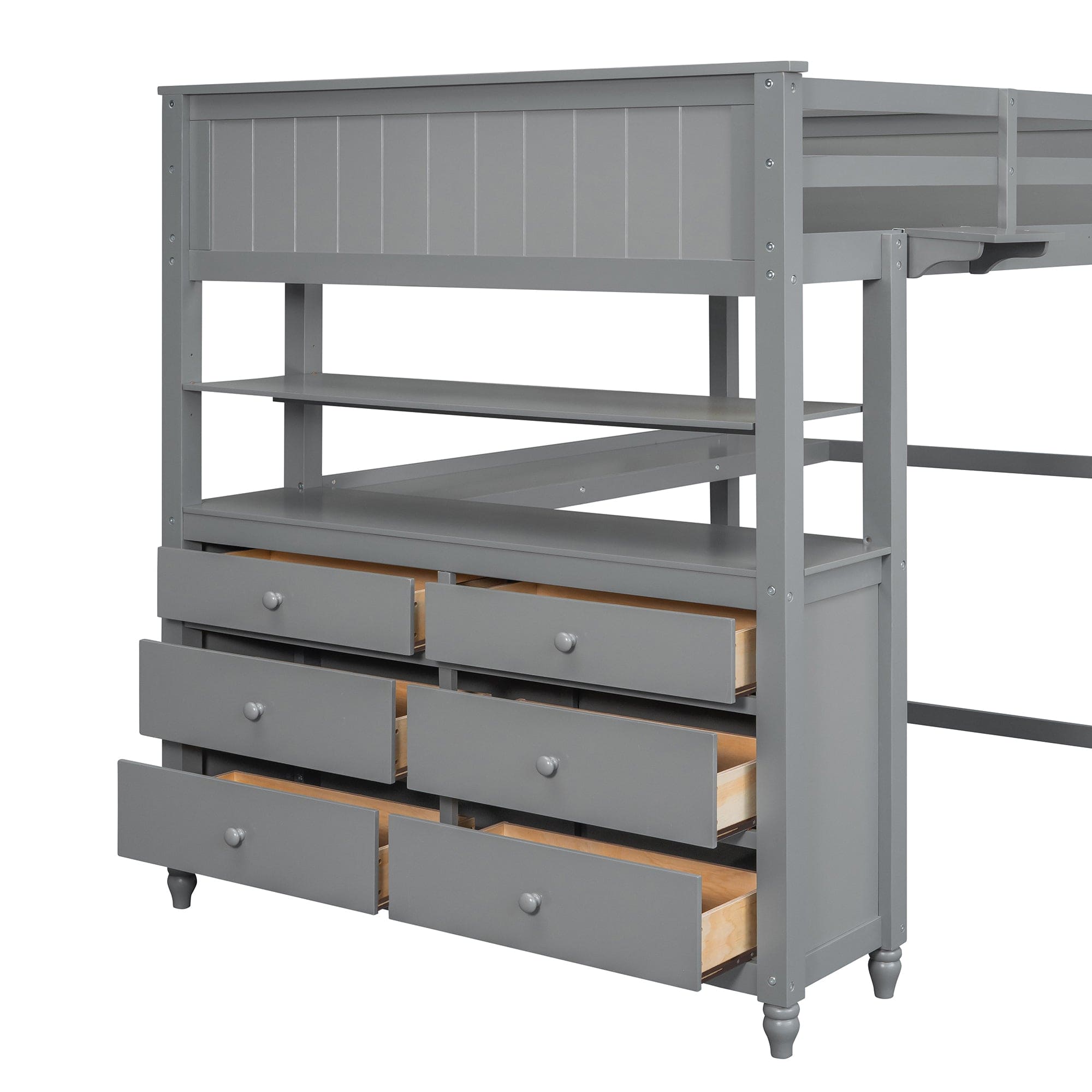 Full size Loft Bed with Drawers and Desk, Wooden Loft Bed with Shelves - Gray(OLD SKU:LT001529AAE)