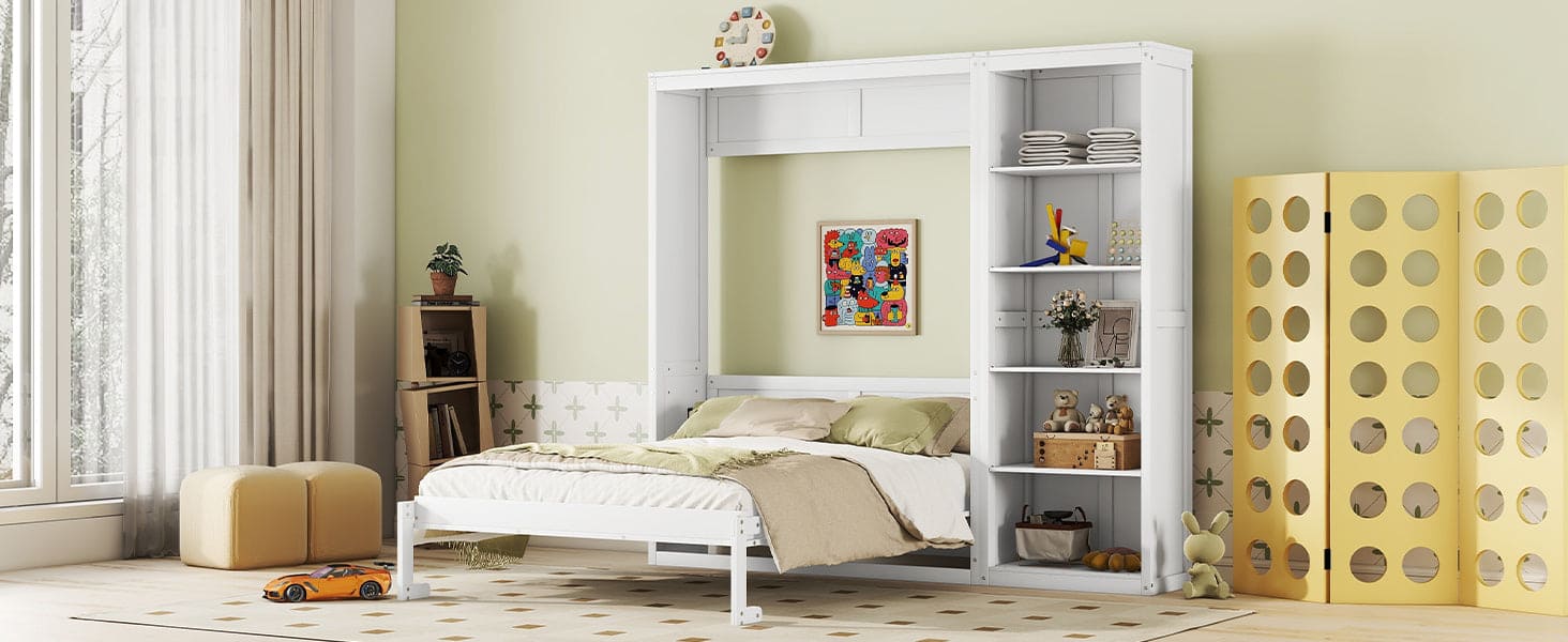 Queen Size Murphy Bed Wall Bed with Shelves,White