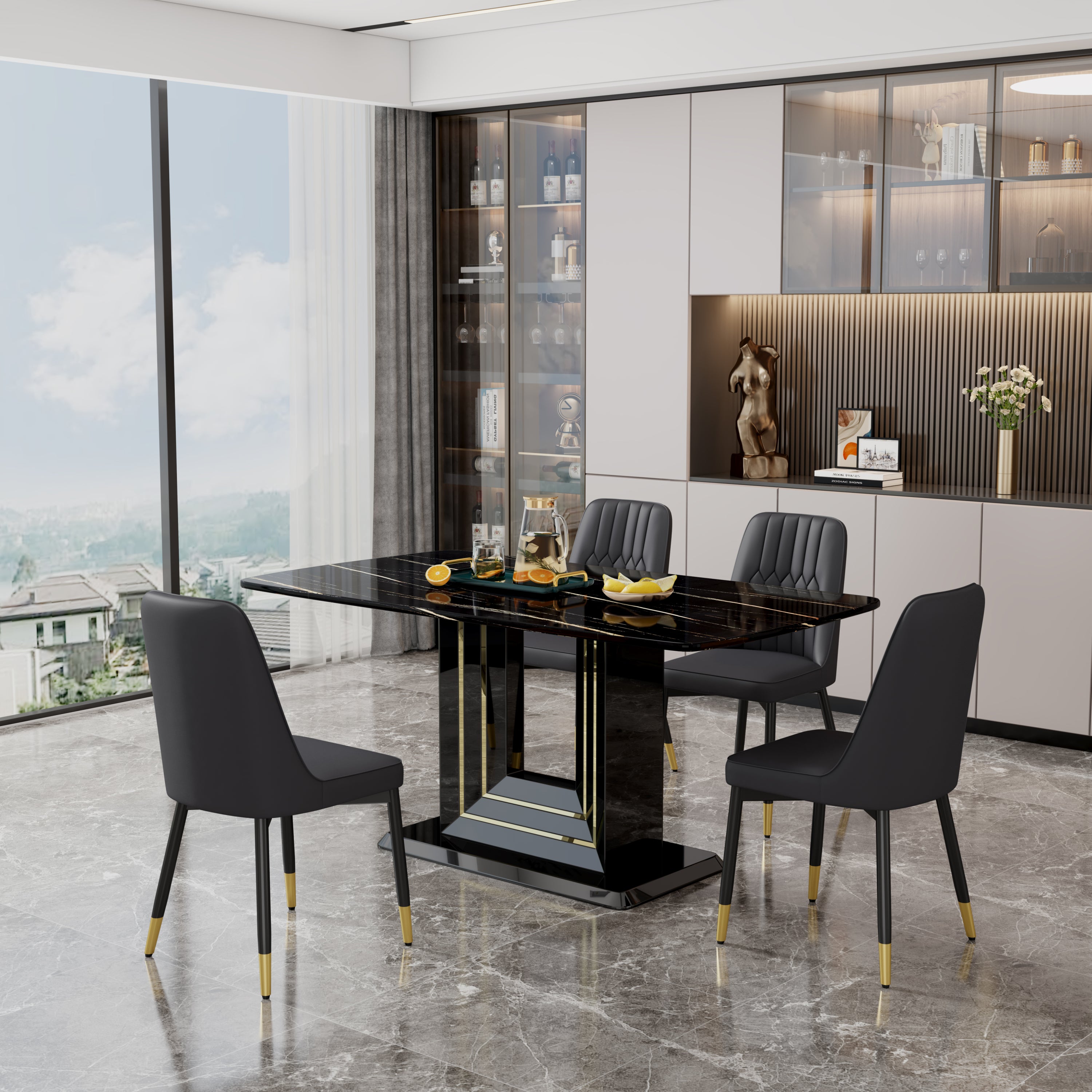 1 table and 4 black chairs. The table features a black imitation marble pattern desktop and black gold MDF legs. Pair with 4 black PU chairs. F-SQ C-007