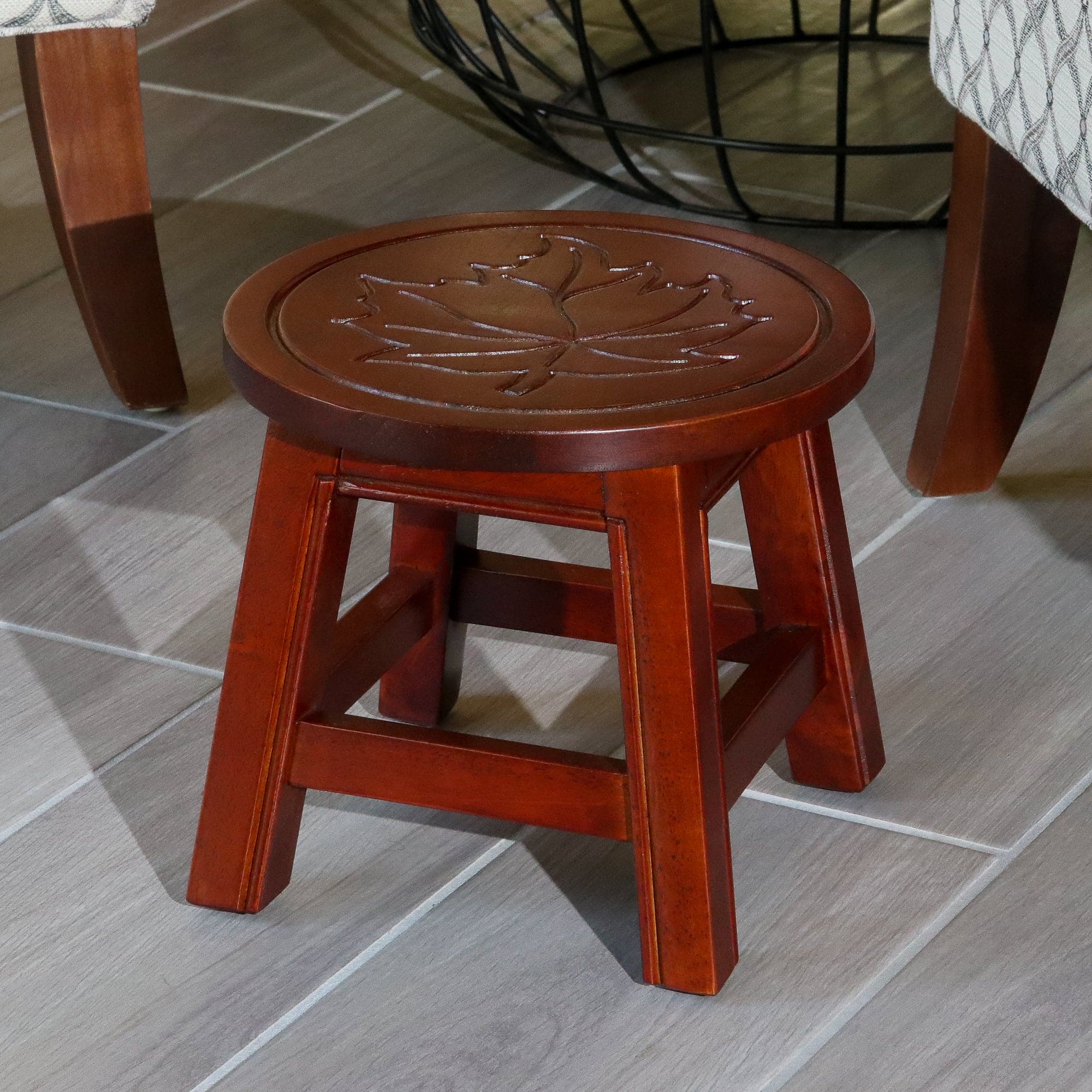 Carved Wooden Step Stool, Maple Leaf, Cherry